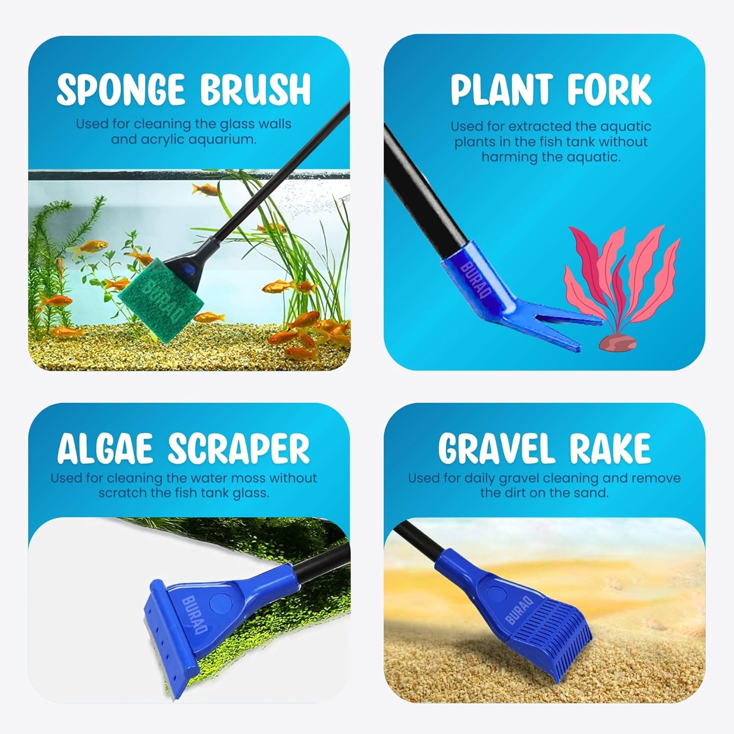 5 in 1 Aquarium Cleaning Kit - For Cleaning Aquarium, Fish Tank Accessory - BURAQ PETS