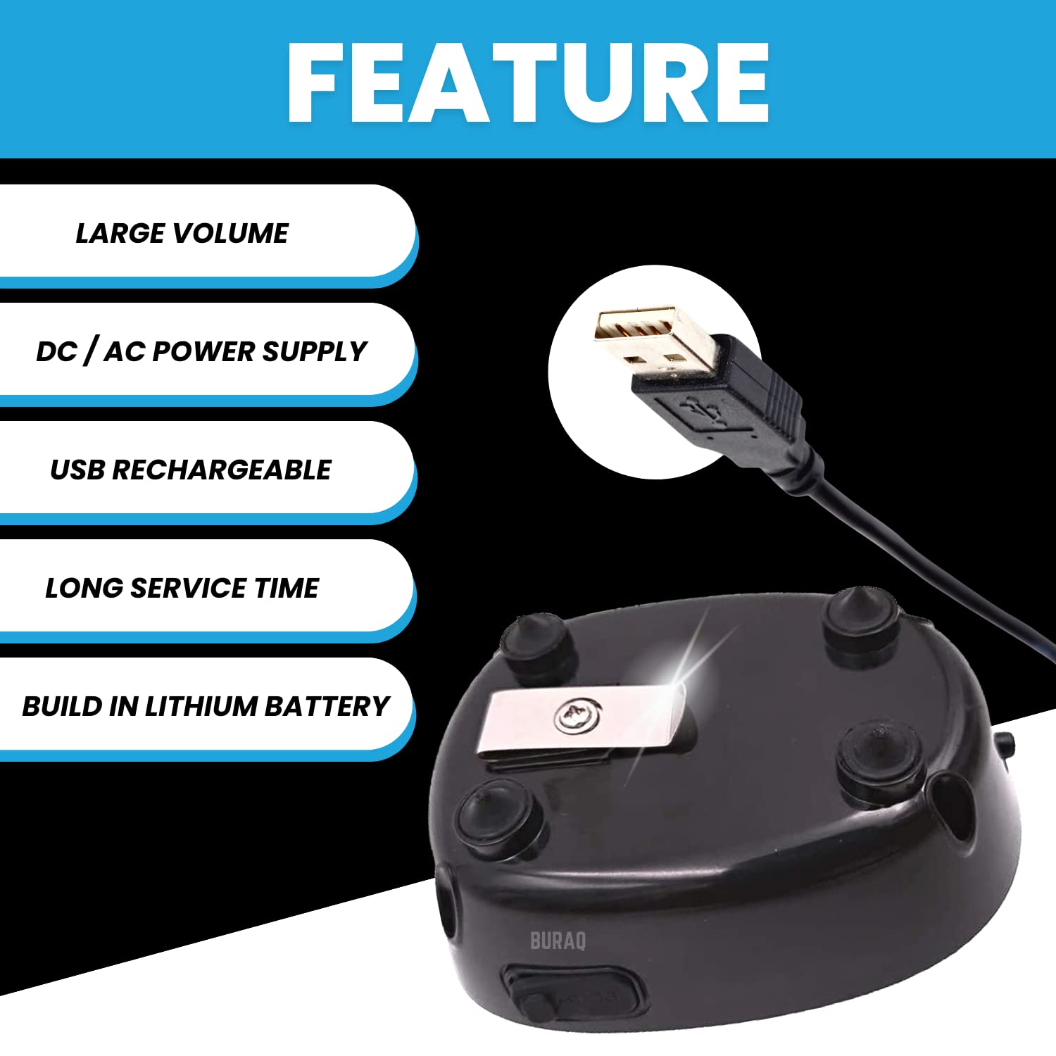 BURAQ Usb Rechargeable Aquarium Ultra Silent Air Pump Ac/Dc Dual Speed Air Bubbler For Fish Tank Aquarium Oxygen Pump Motor With Airline Tube & Air Stone (Power- 1W - Bu-313,5 Liters_Per_Minute)