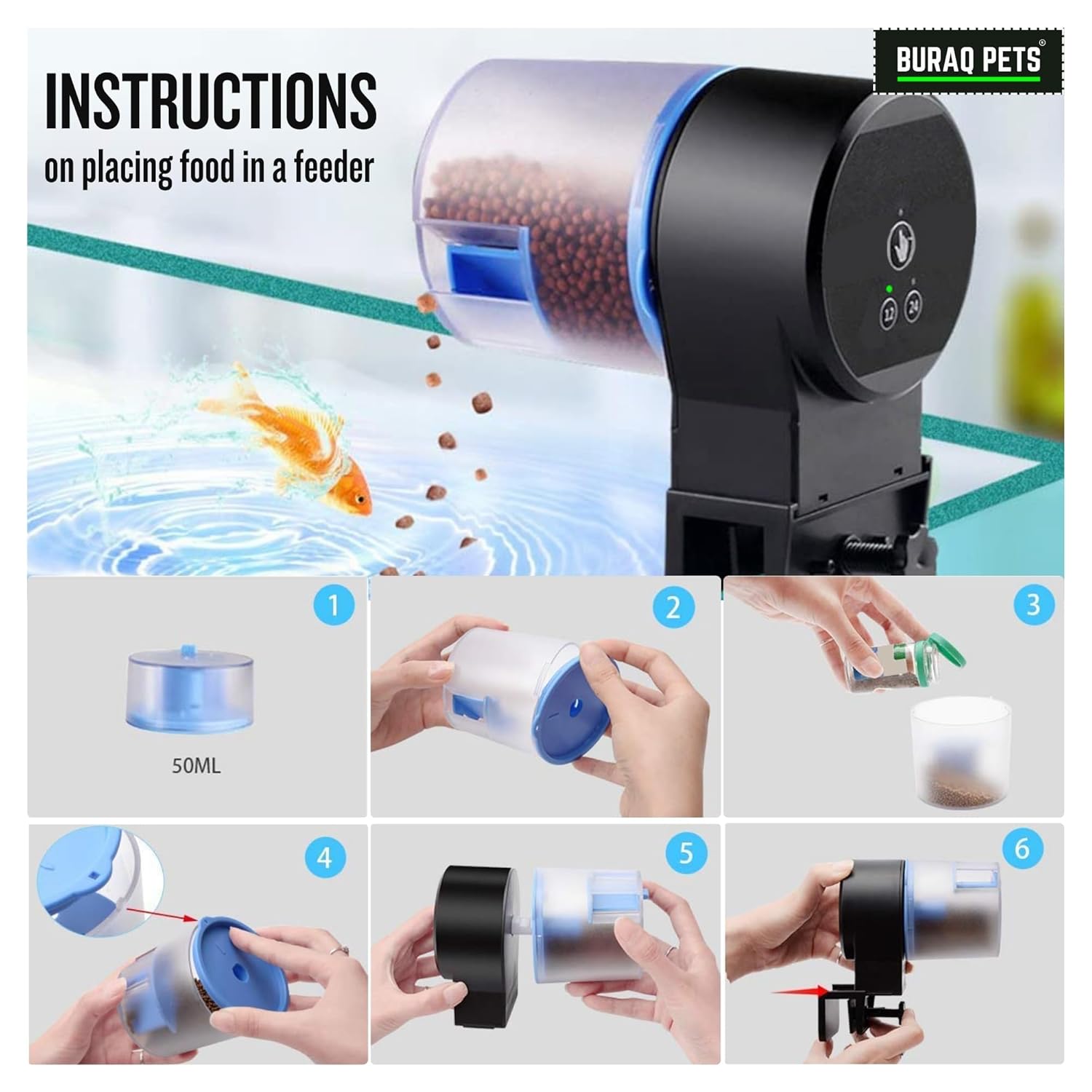 Buraq Automatic Fish Feeder - Food Dispenser for Fish Tank, Vacation Fish Feeder Timer, Adjustable Timing 12hr & 24hr, Accessories for Aquarium (2 Way)