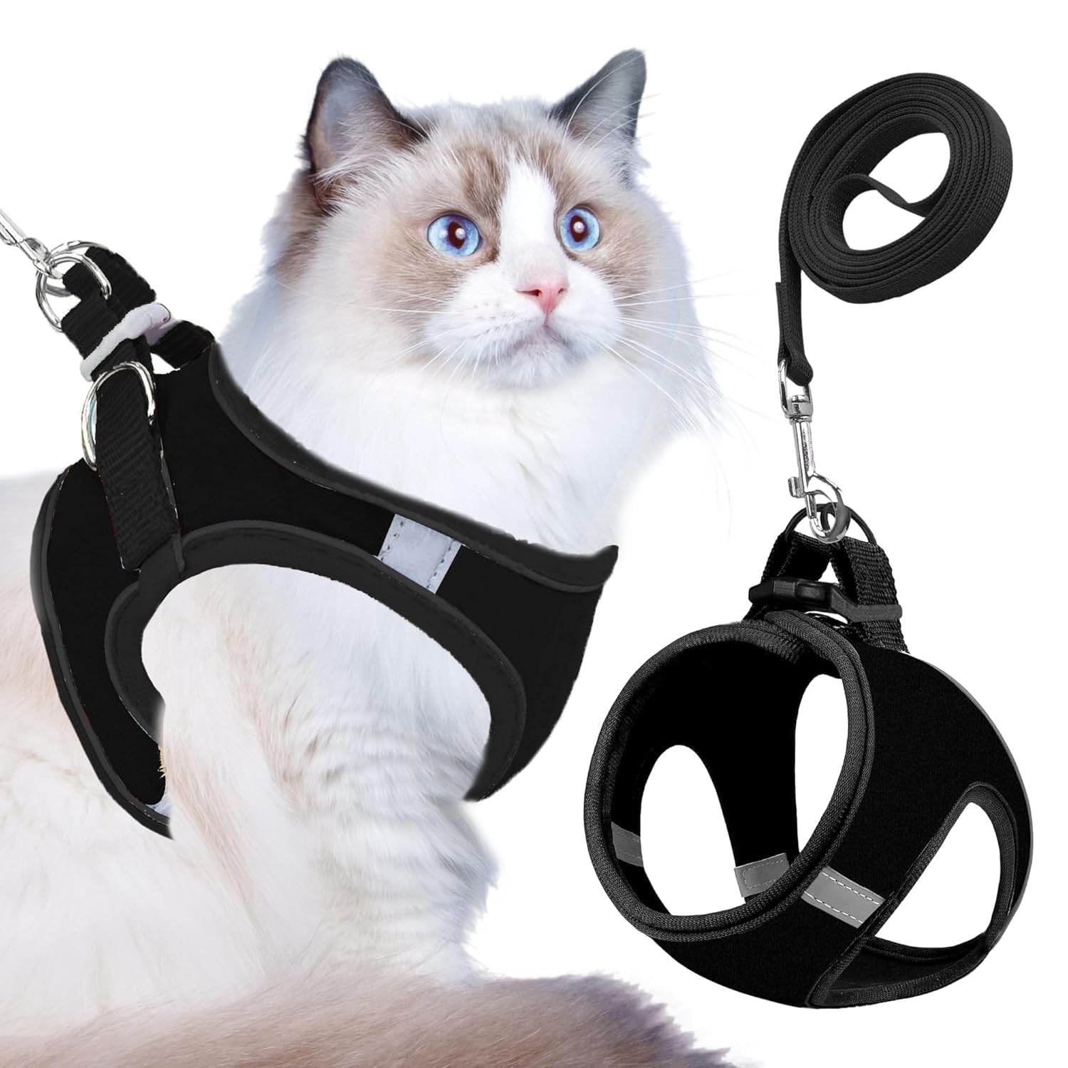 Buraq Cat Harness with Leash for Outdoor, Walking, Escape Proof, Air Mesh Fabric, Easy Control, Adjustable & Durable Cat Leash with Harness for Small & Medium Cats (Black - Silver, M)