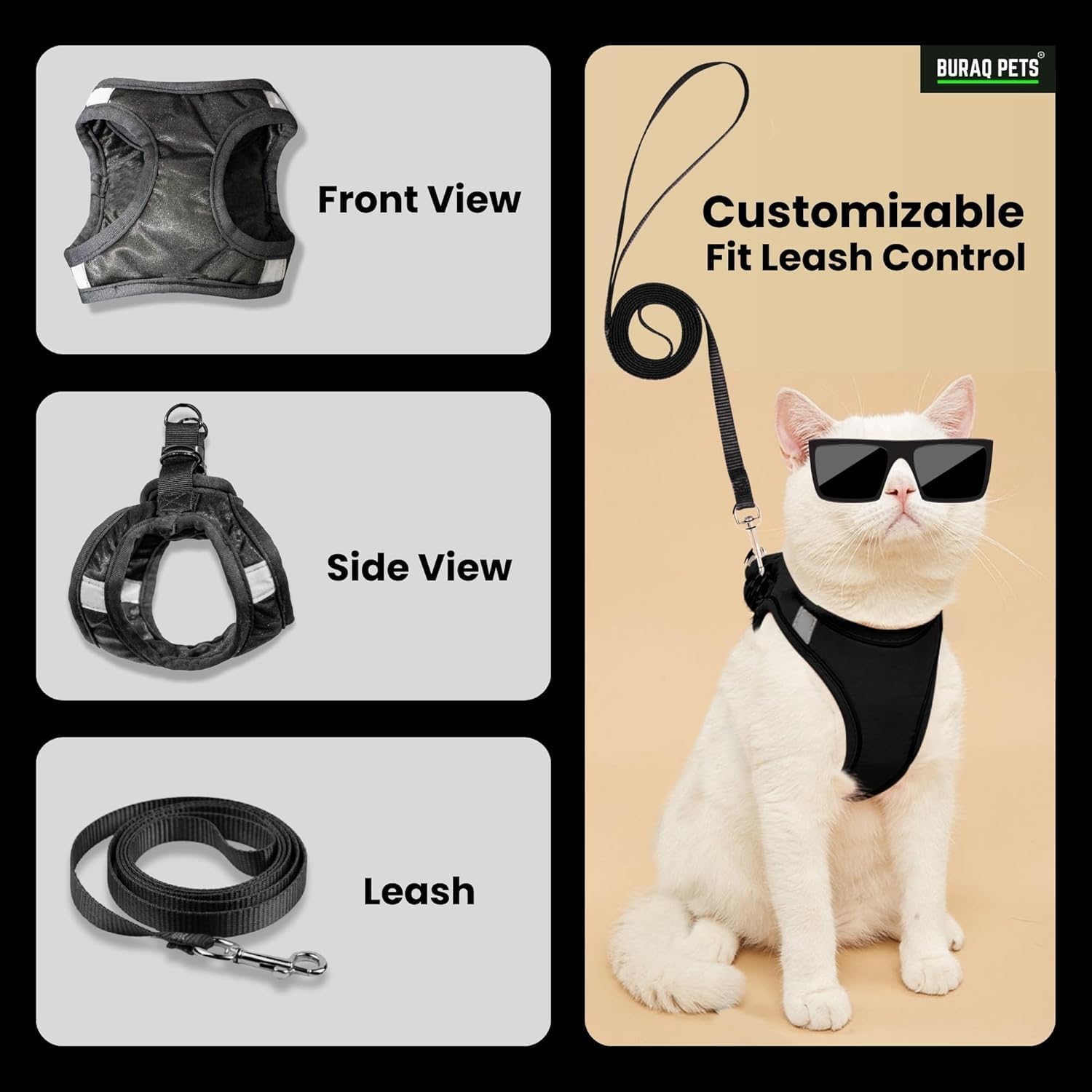 Buraq Cat Harness with Leash for Outdoor, Walking, Escape Proof, Air Mesh Fabric, Easy Control, Adjustable & Durable Cat Leash with Harness for Small & Medium Cats (Black - Silver, M)