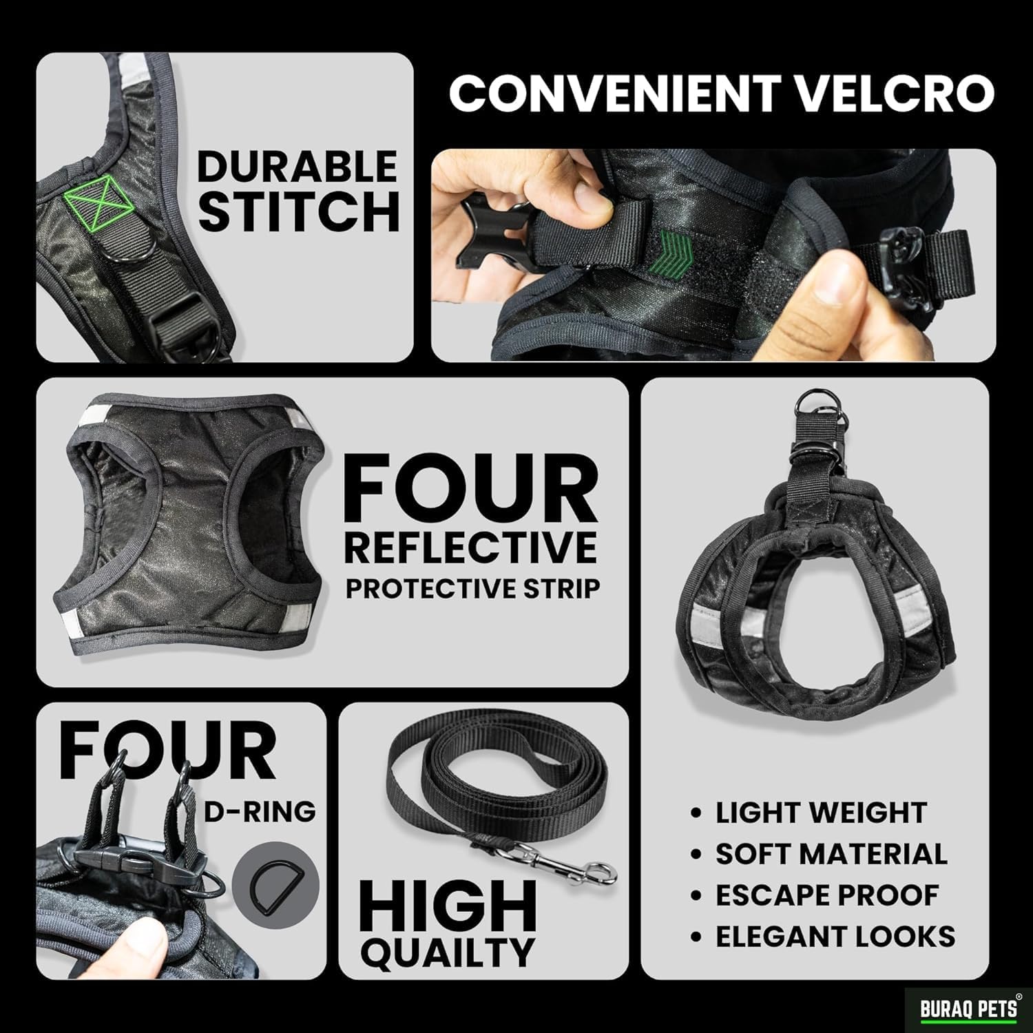 Buraq Cat Harness with Leash for Outdoor, Walking, Escape Proof, Air Mesh Fabric, Easy Control, Adjustable & Durable Cat Leash with Harness for Small & Medium Cats (Black - Silver, M)