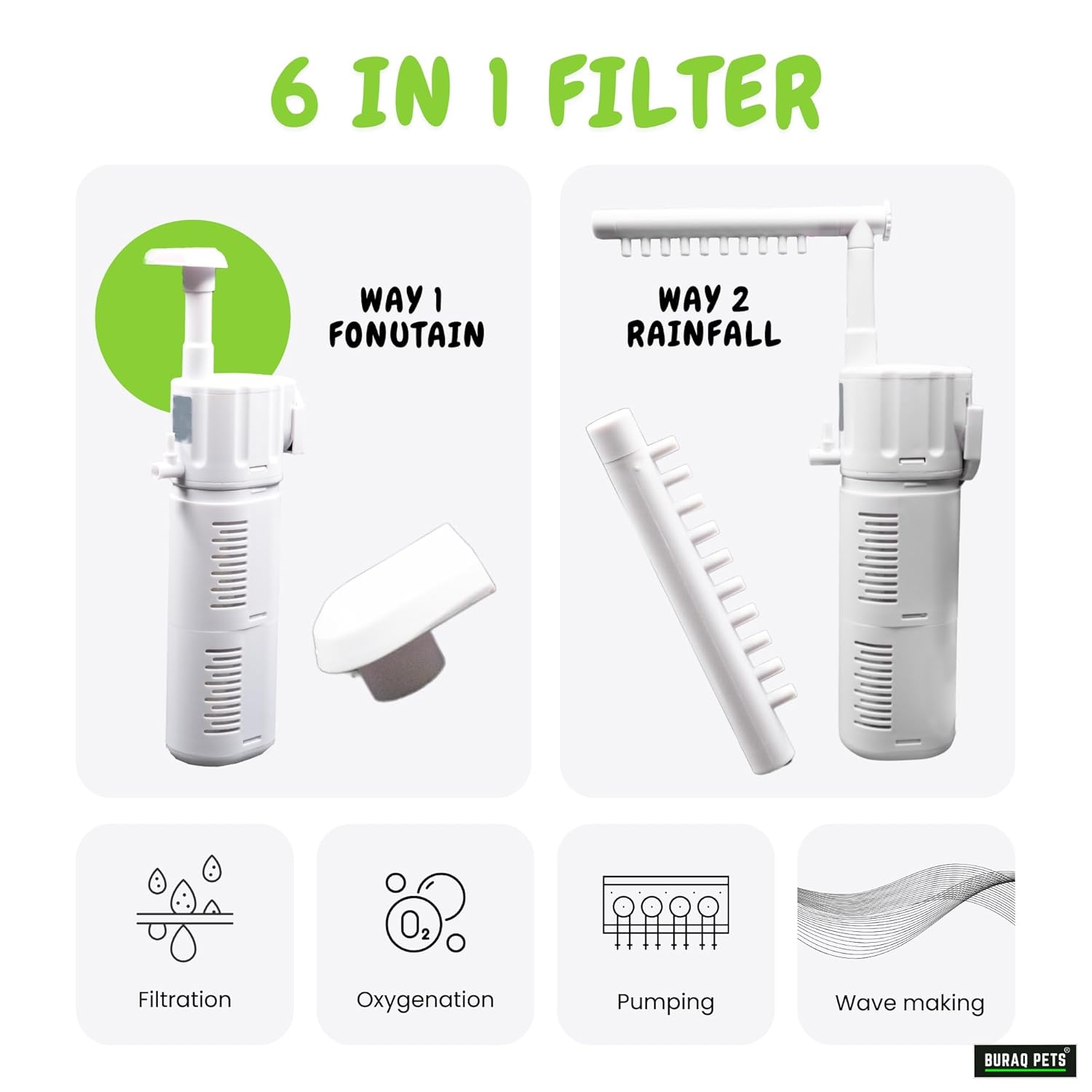 Buraq Fountain Aquarium Filter BL-98F | 9W | 650L/H - Multi-Function Submersible Filtration Pump, Submersible & Efficient Fish Filter, Aquarium Filters for Fish Tank (BL-99F | 18W | 1000L/H)