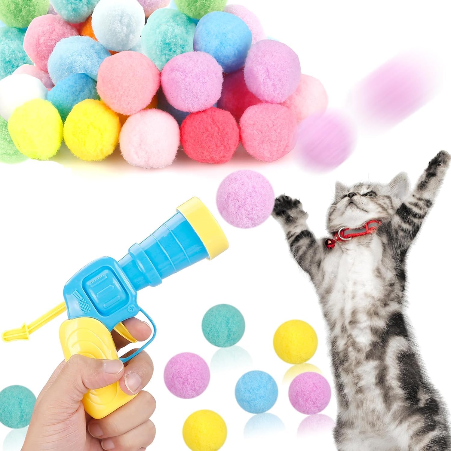 BURAQ Interactive Cat Toy Gun with Soft Colorful Plush Balls, Fun Pet Play for Active Cats