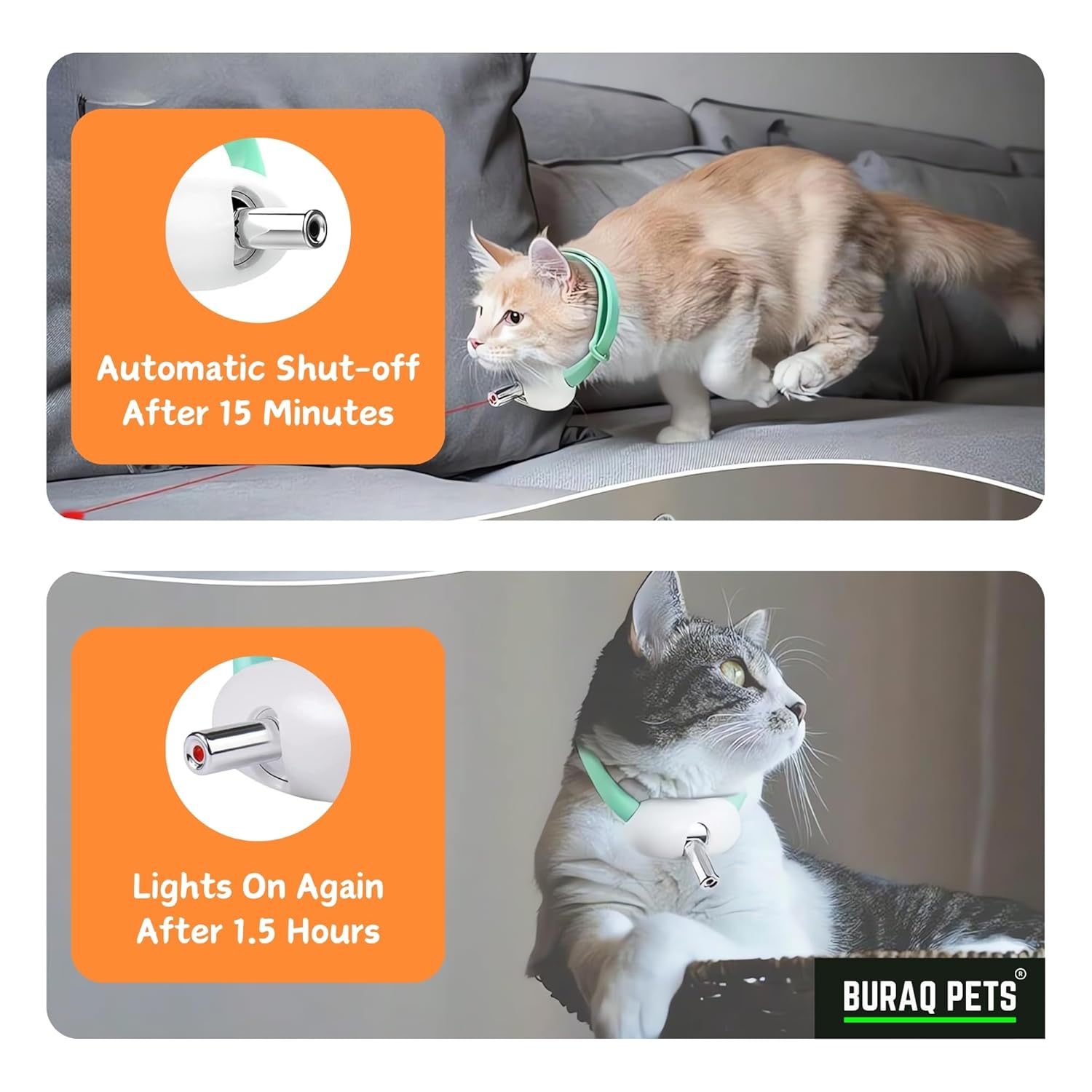 Buraq Hands-Free Cat Laser Collar with 2 Working Modes, USB Rechargeable Automatic 10-Minute Shutoff Interactive Laser Toy for Cats Motion-Activated Collar for Cats