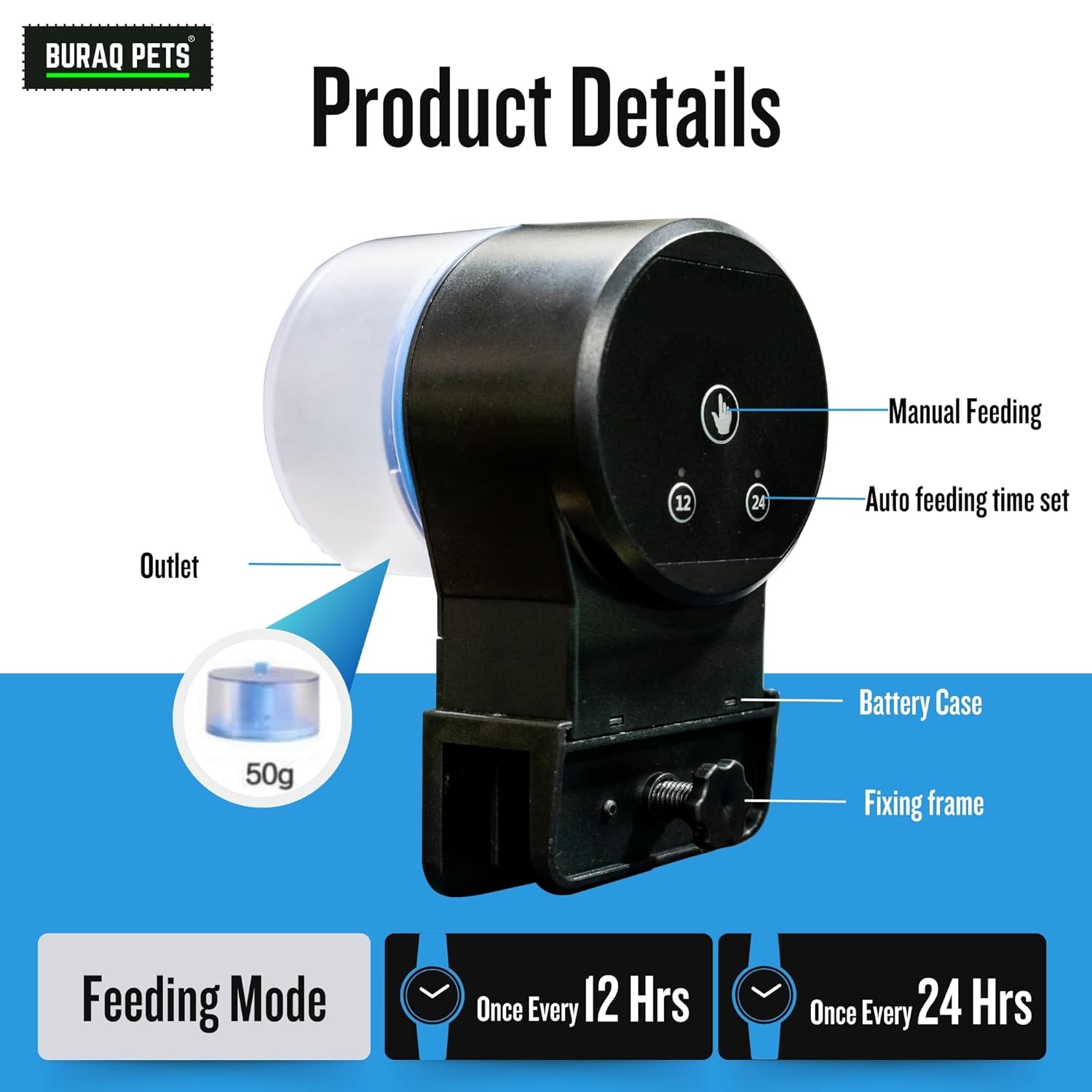 Buraq Automatic Fish Feeder - Food Dispenser for Fish Tank, Vacation Fish Feeder Timer, Adjustable Timing 12hr & 24hr, Accessories for Aquarium (2 Way)