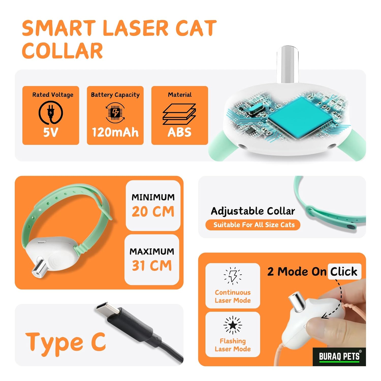Buraq Hands-Free Cat Laser Collar with 2 Working Modes, USB Rechargeable Automatic 10-Minute Shutoff Interactive Laser Toy for Cats Motion-Activated Collar for Cats