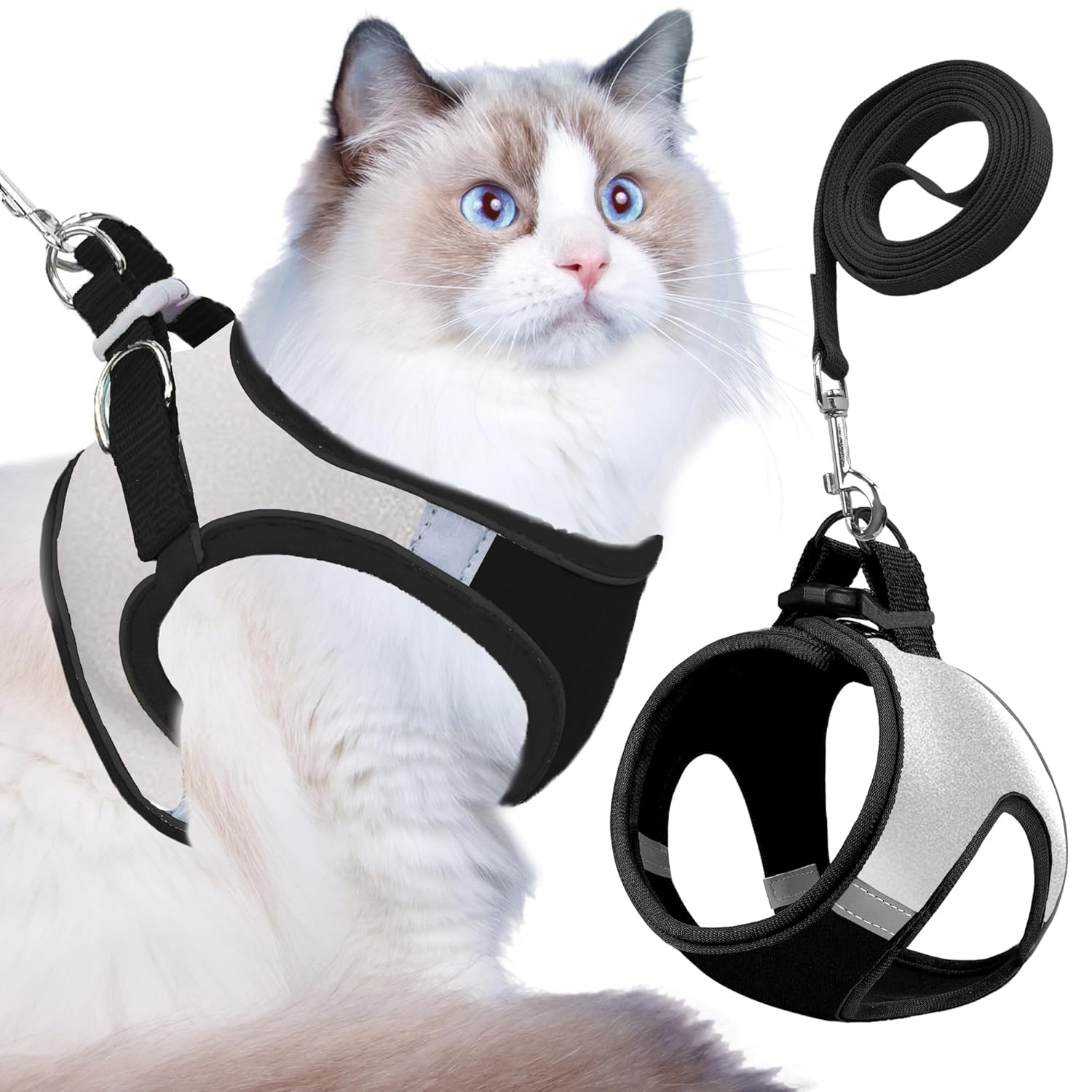 Buraq Cat Harness with Leash for Outdoor, Walking, Escape Proof, Air Mesh Fabric, Easy Control, Adjustable & Durable Cat Leash with Harness for Small & Medium Cats (Black - Silver, M)