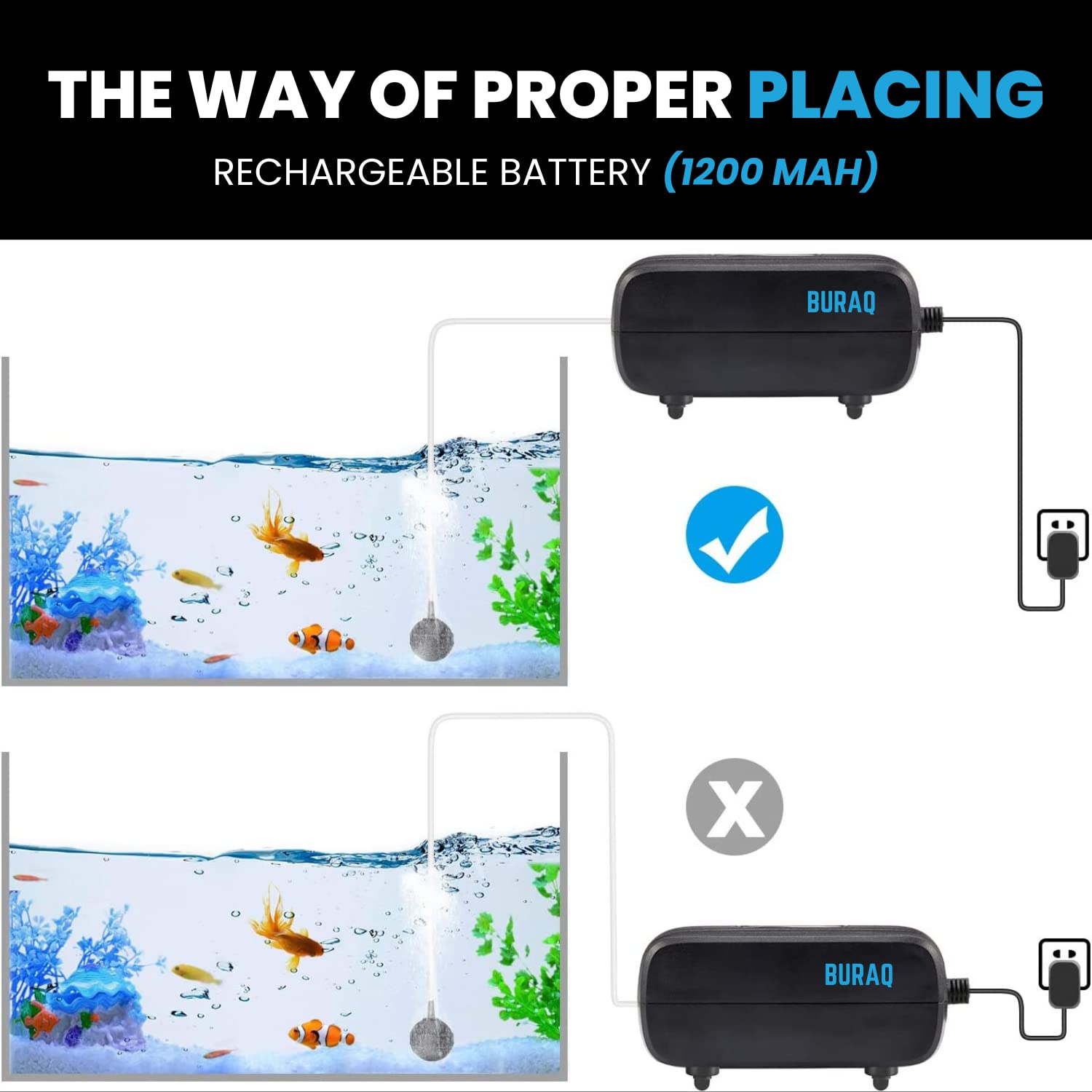 BURAQ Usb Rechargeable Aquarium Ultra Silent Air Pump Ac/Dc Dual Speed Air Bubbler For Fish Tank Aquarium Oxygen Pump Motor With Airline Tube & Air Stone (Power- 1W - Bu-313,5 Liters_Per_Minute)