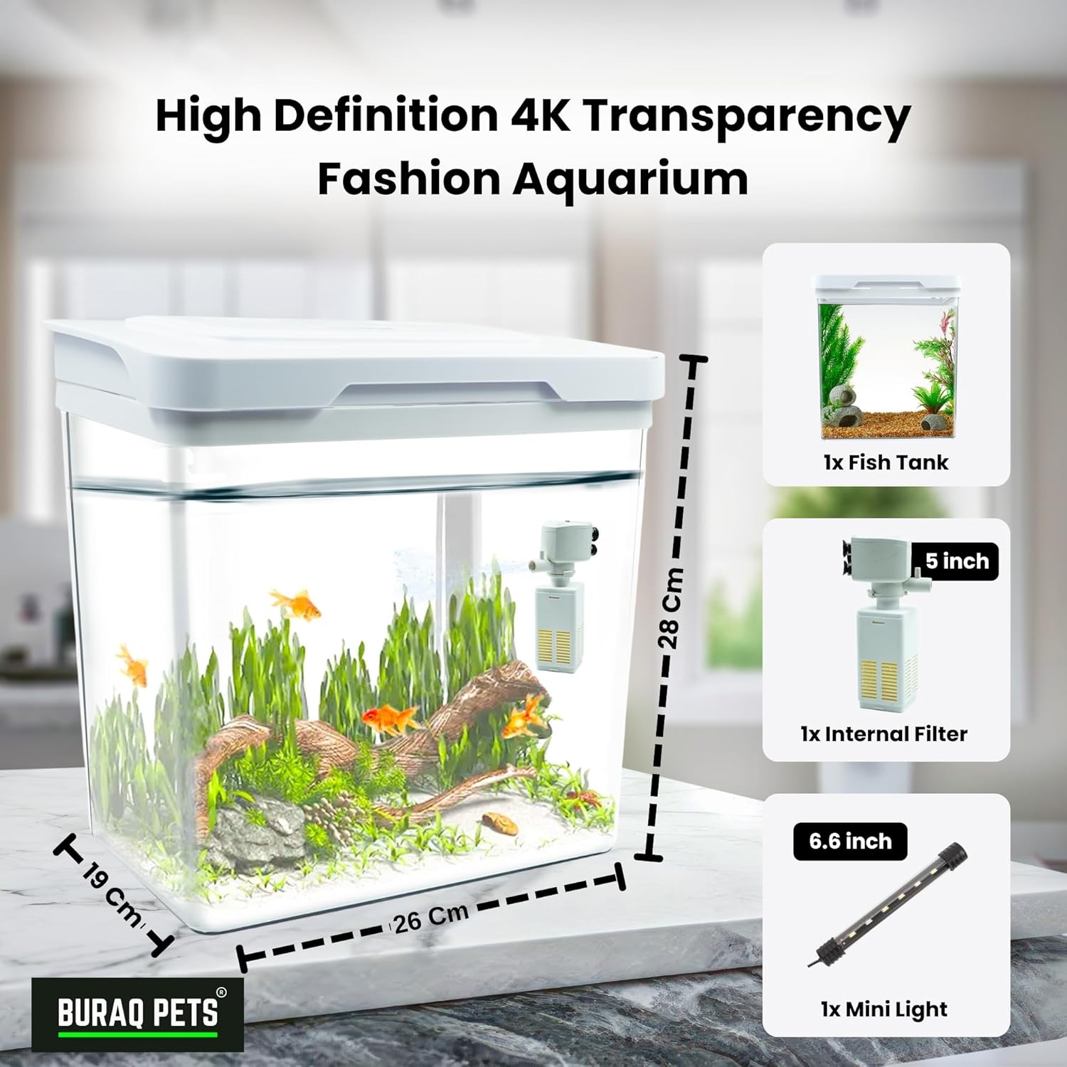 Buraq 4K Transparency Fashion Aquarium Mini Fish Tank with Filter & Light, Polycarbonate Material, Suitable for Home, Living Room and Office (26