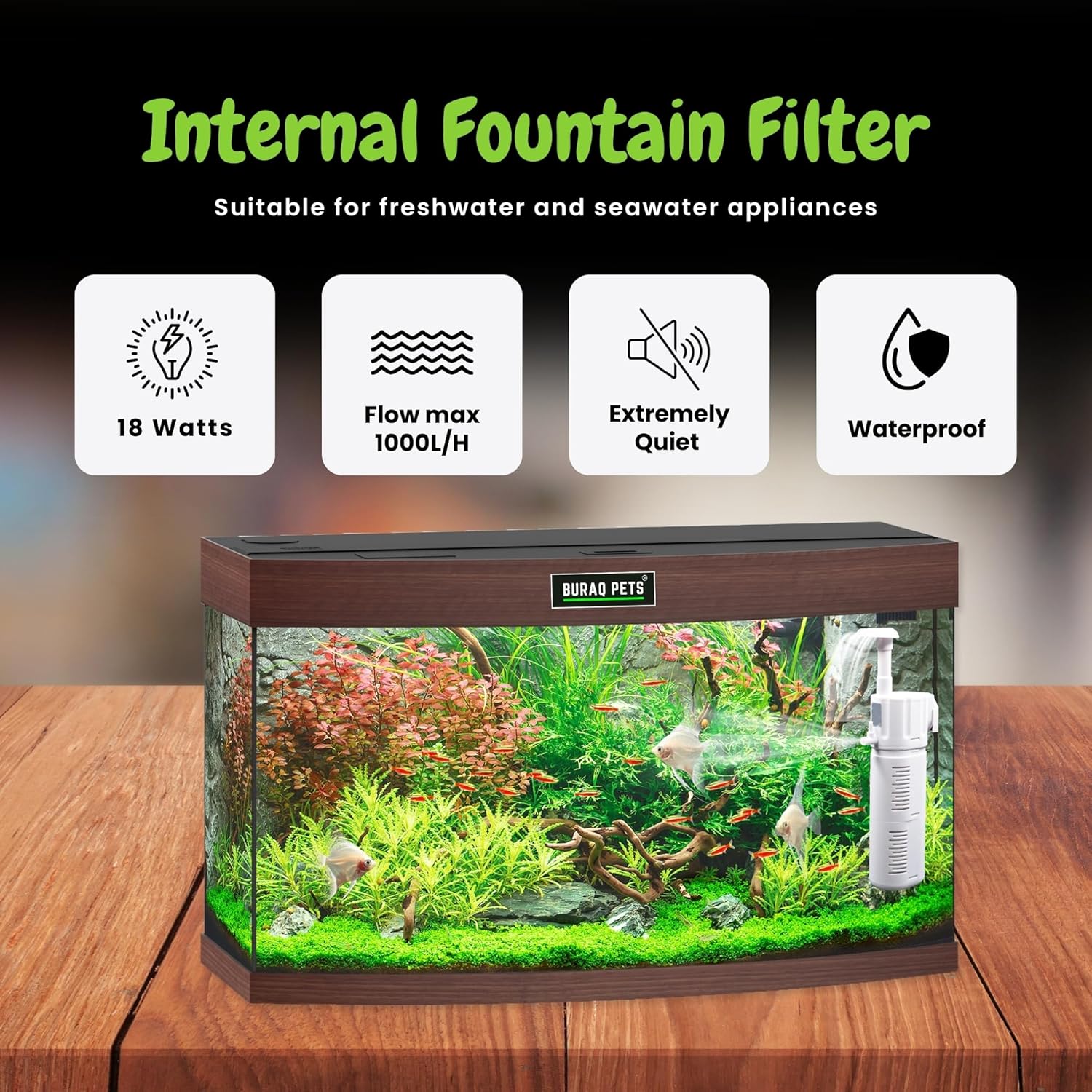 Buraq Fountain Aquarium Filter BL-98F | 9W | 650L/H - Multi-Function Submersible Filtration Pump, Submersible & Efficient Fish Filter, Aquarium Filters for Fish Tank (BL-99F | 18W | 1000L/H)