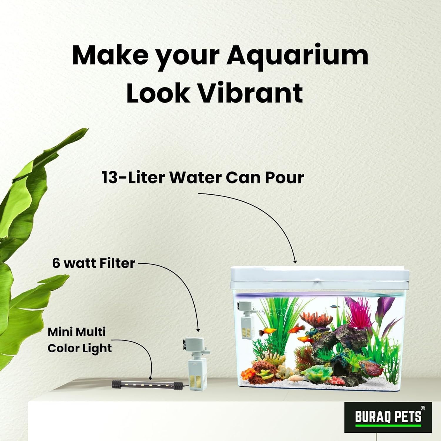 Buraq 4K Transparency Moulded Fashion Aquarium Mini Fish Tank with Filter & Light, Polycarbonate Material, Suitable for Home, Living Room and Office (33