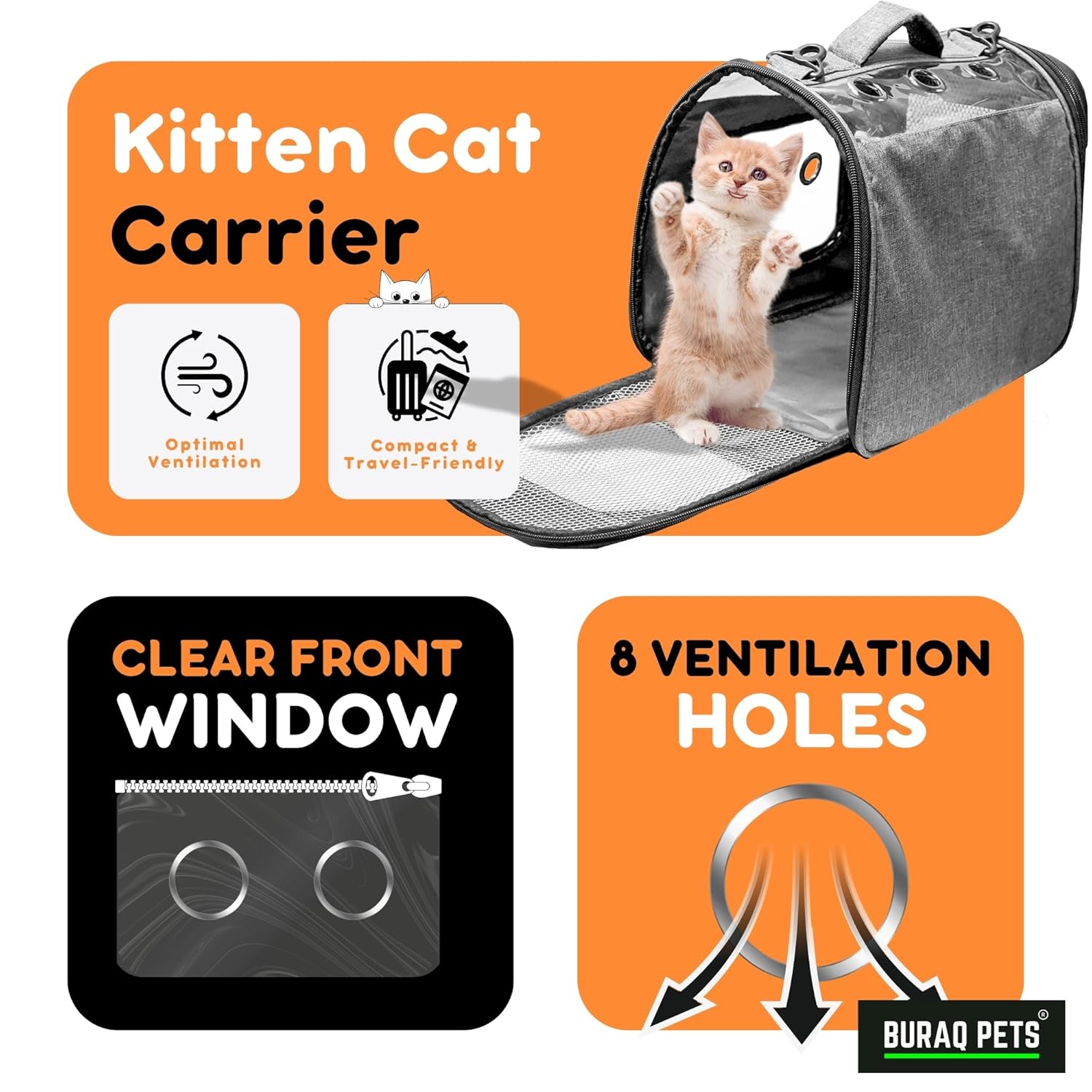 Buraq Kitten Carrier Bag with 8 Ventilation Holes Lightweight, Transparent Front, Travel-Friendly Pet Backpack for Small Cats Only (Not for Big Cats) – 12.5