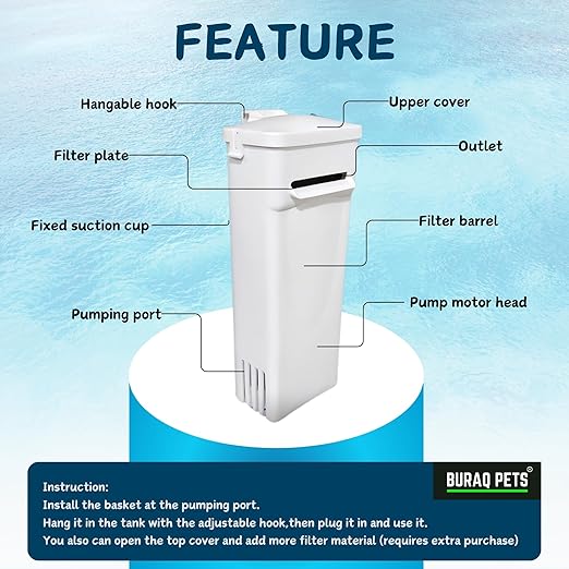 Buraq Pets Aquarium Turtle Filter TF - 500, Low Water Fountain Filter, Fish Tank Hanging Circulation Filter Pump for Turtle, Reptile (350 L | H) - BURAQ PETS