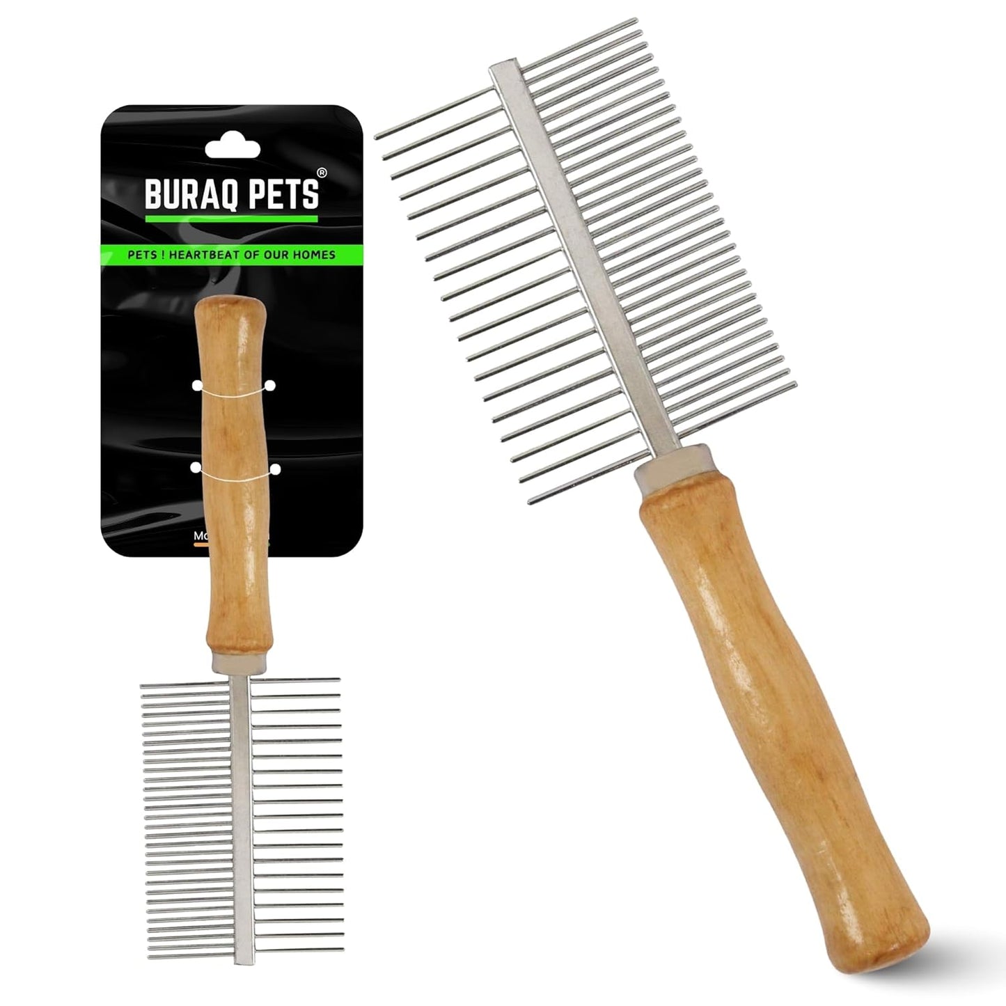 Buraq Pets Wooden Double Side Stainless Steel Needles Pets Comb, Hairbrush Grooming for Dogs Cat Cleaning Supplies Cat Comb Or Dog Comb (Wooden Dual Side Comb) - BURAQ PETS