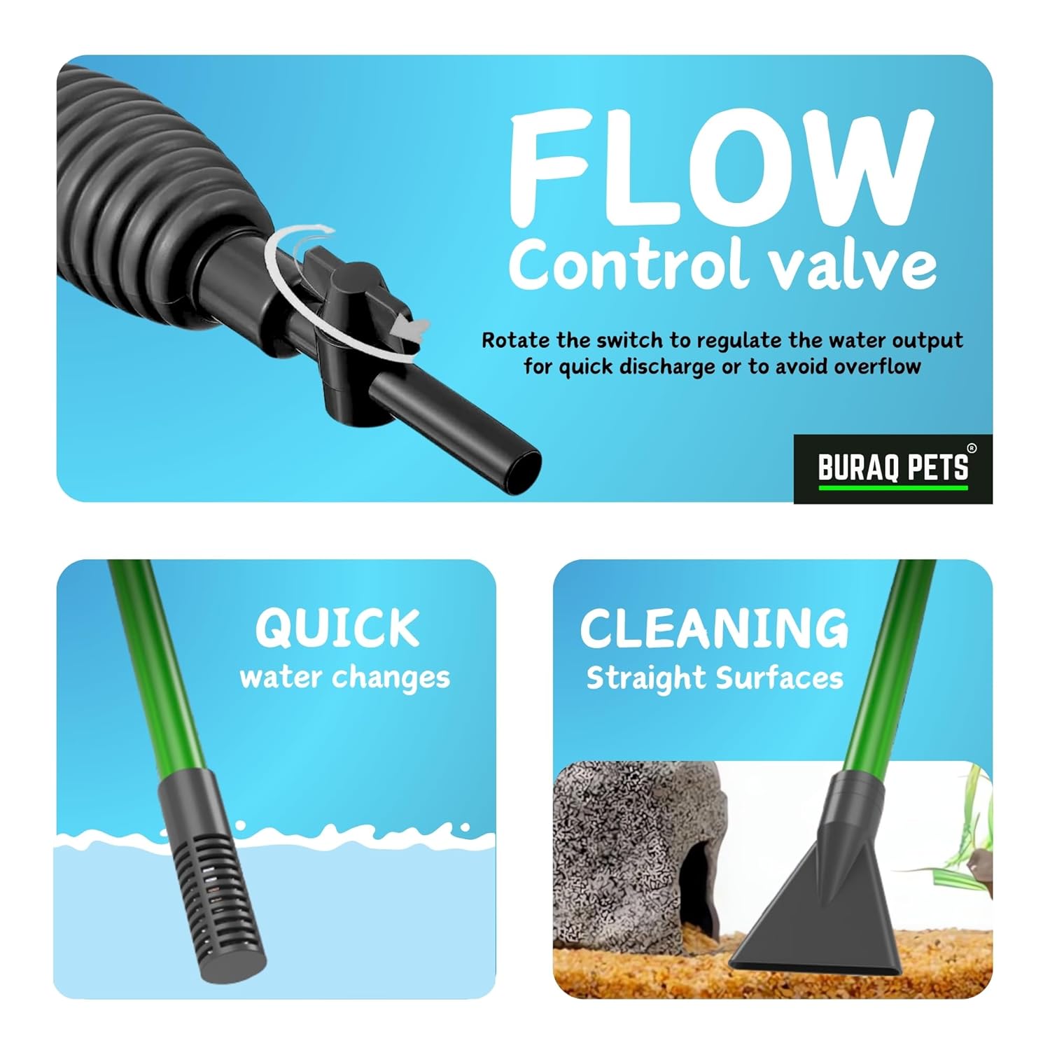 Buraq Siphon Cleaner, Adjustable Flow Gravel Vacuum with Built - in Filter, Easy Water Change & Debris Remover for Fish Tank Cleaner Pump for Auqarium - BURAQ PETS