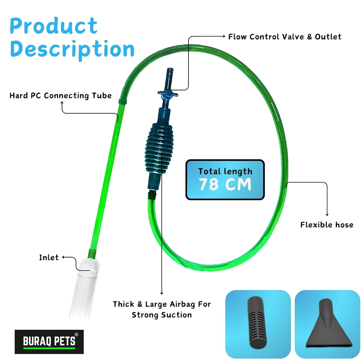 Buraq Siphon Cleaner, Adjustable Flow Gravel Vacuum with Built - in Filter, Easy Water Change & Debris Remover for Fish Tank Cleaner Pump for Auqarium - BURAQ PETS