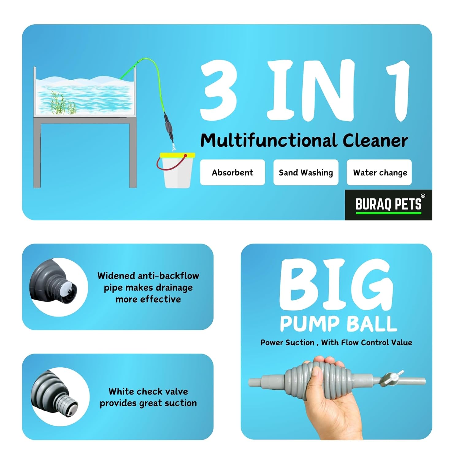 Buraq Siphon Cleaner, Adjustable Flow Gravel Vacuum with Built - in Filter, Easy Water Change & Debris Remover for Fish Tank Cleaner Pump for Auqarium - BURAQ PETS