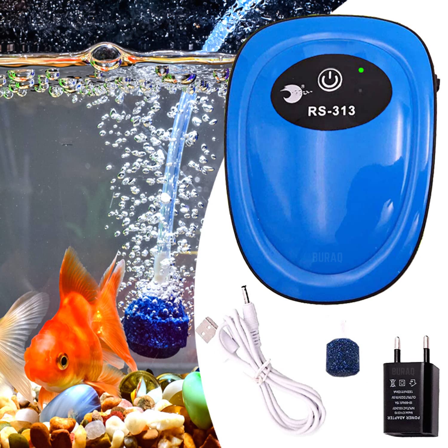 BURAQ Usb Rechargeable Aquarium Ultra Silent Air Pump Ac/Dc Dual Speed Air Bubbler For Fish Tank Aquarium Oxygen Pump Motor With Airline Tube & Air Stone (Power - 1W - Bu - 313,5 Liters_Per_Minute) - BURAQ PETS