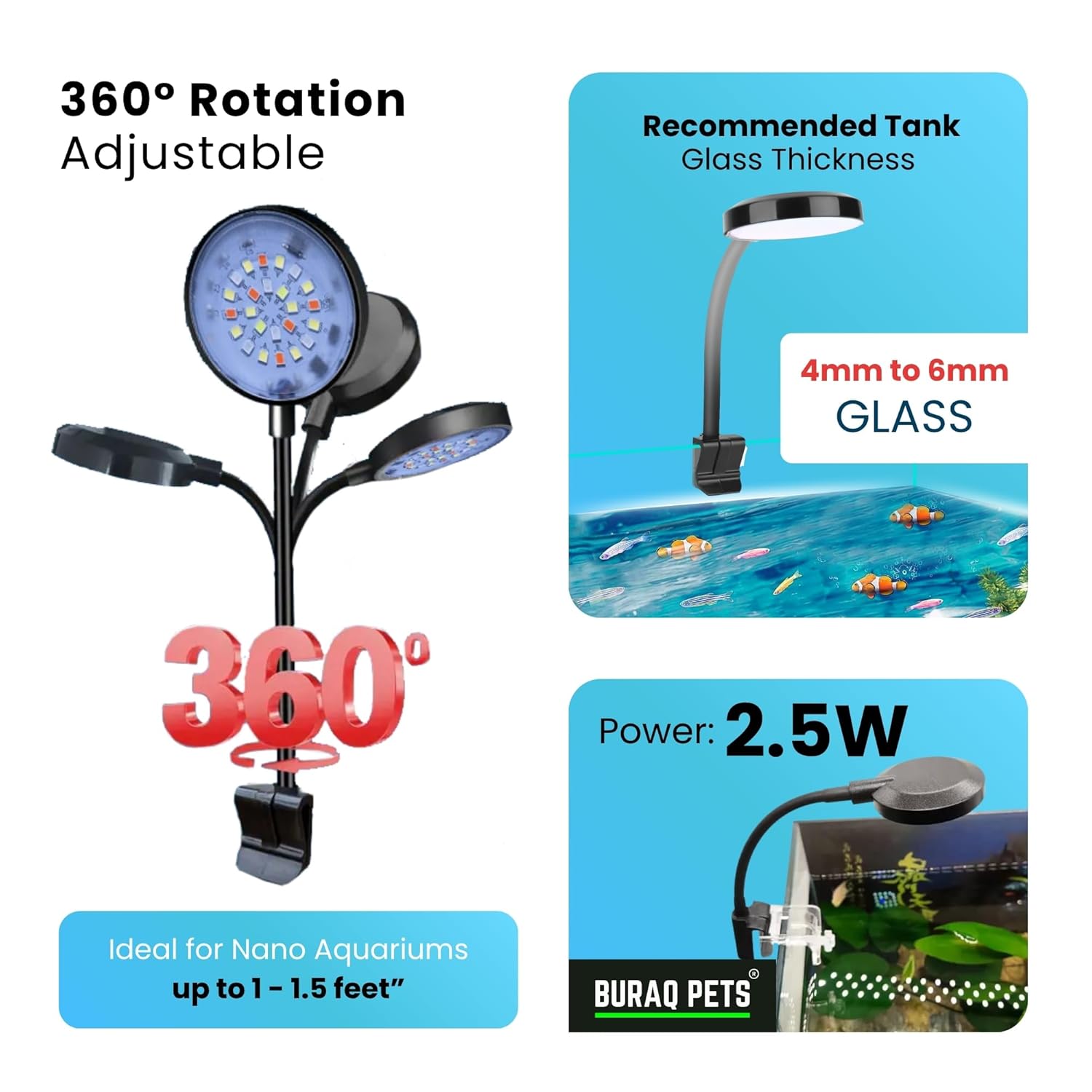N6 Multicolor Aquarium LED Light With 360° Flexible Arm 2.5 W High - Brightness - BURAQ PETS