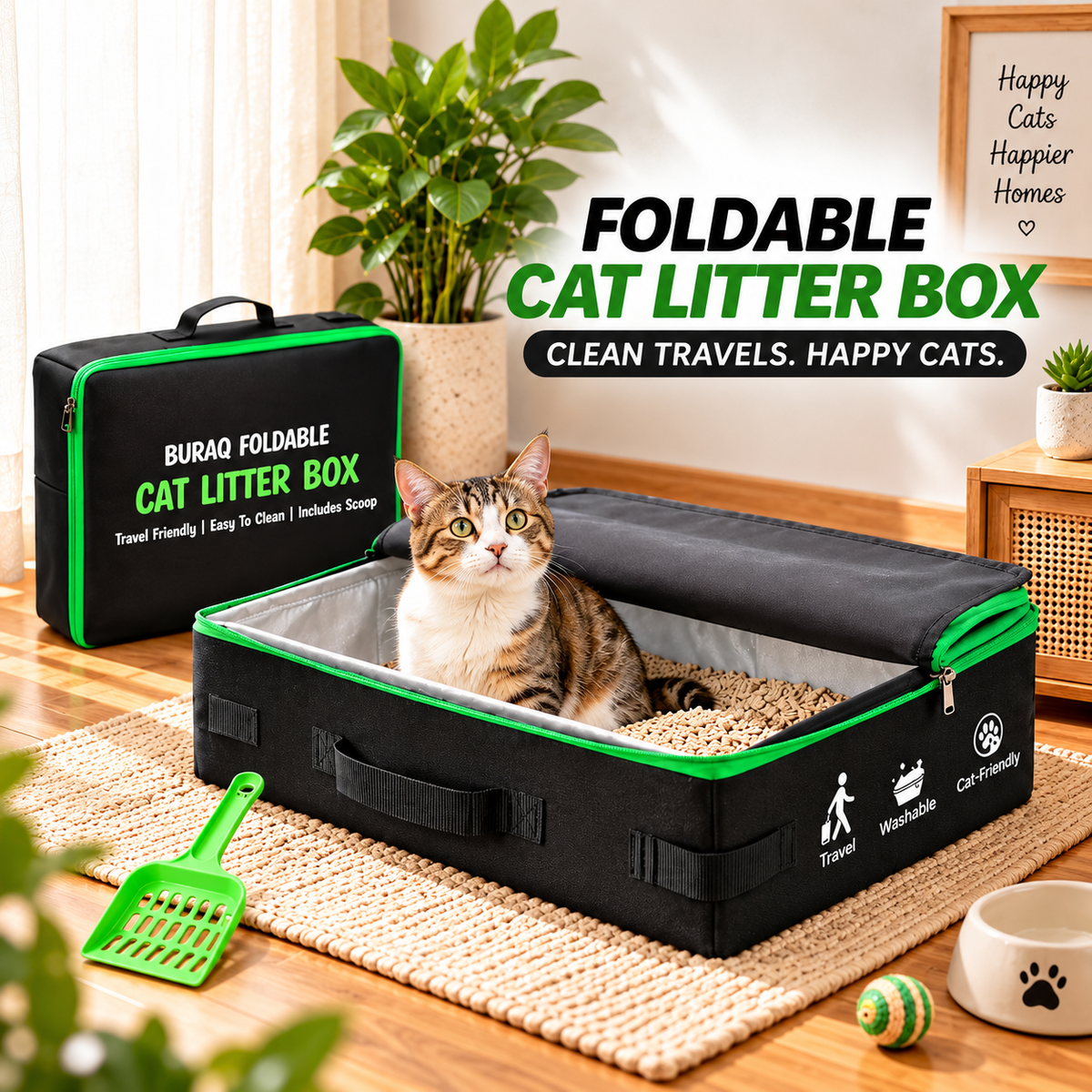 Load video: Foldable Cat Litter Box with Scoop - Portable, Waterproof & Travel Litter Box