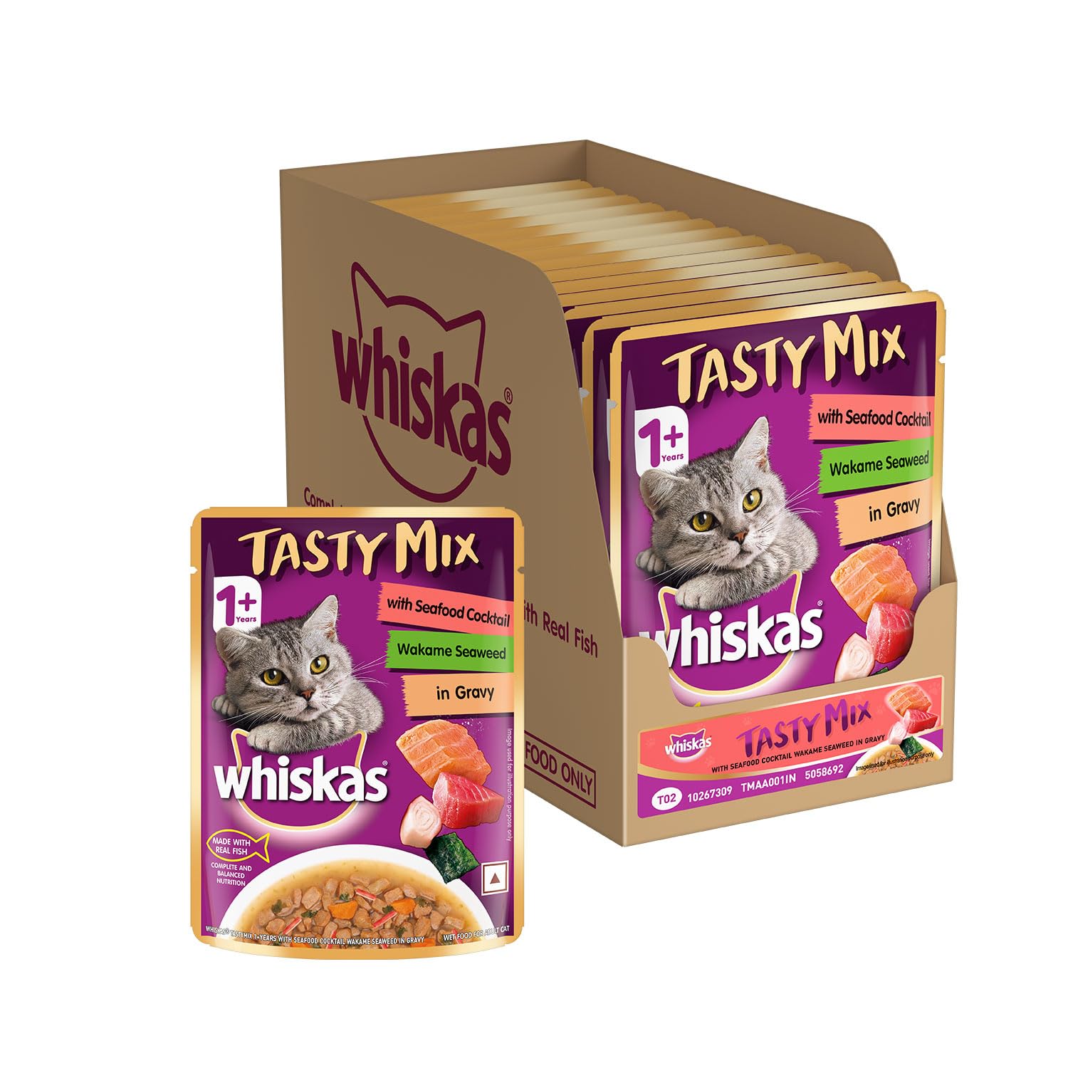 Whiskas Adult Gravy ( Flavour - Chicken With Tuna & Carrot |Seafood Cocktail Wakame Seaweed |Tuna & White Fish ) Pack Of 14 - 70 g - BURAQ PETS