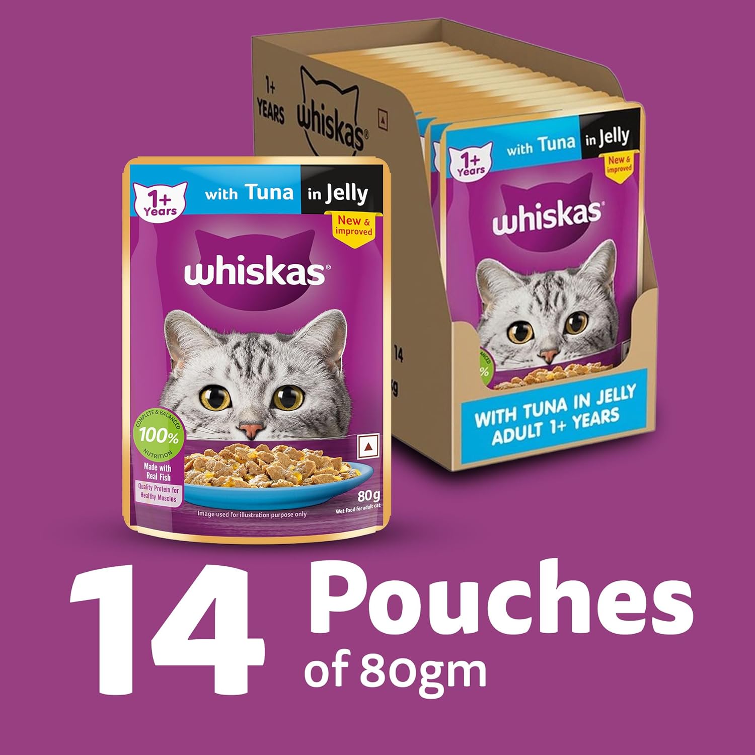 Whiskas Adult Jelly ( Flavour - Tuna | Ocean Fish ) Pack Of 14 - 80 g - BURAQ PETS