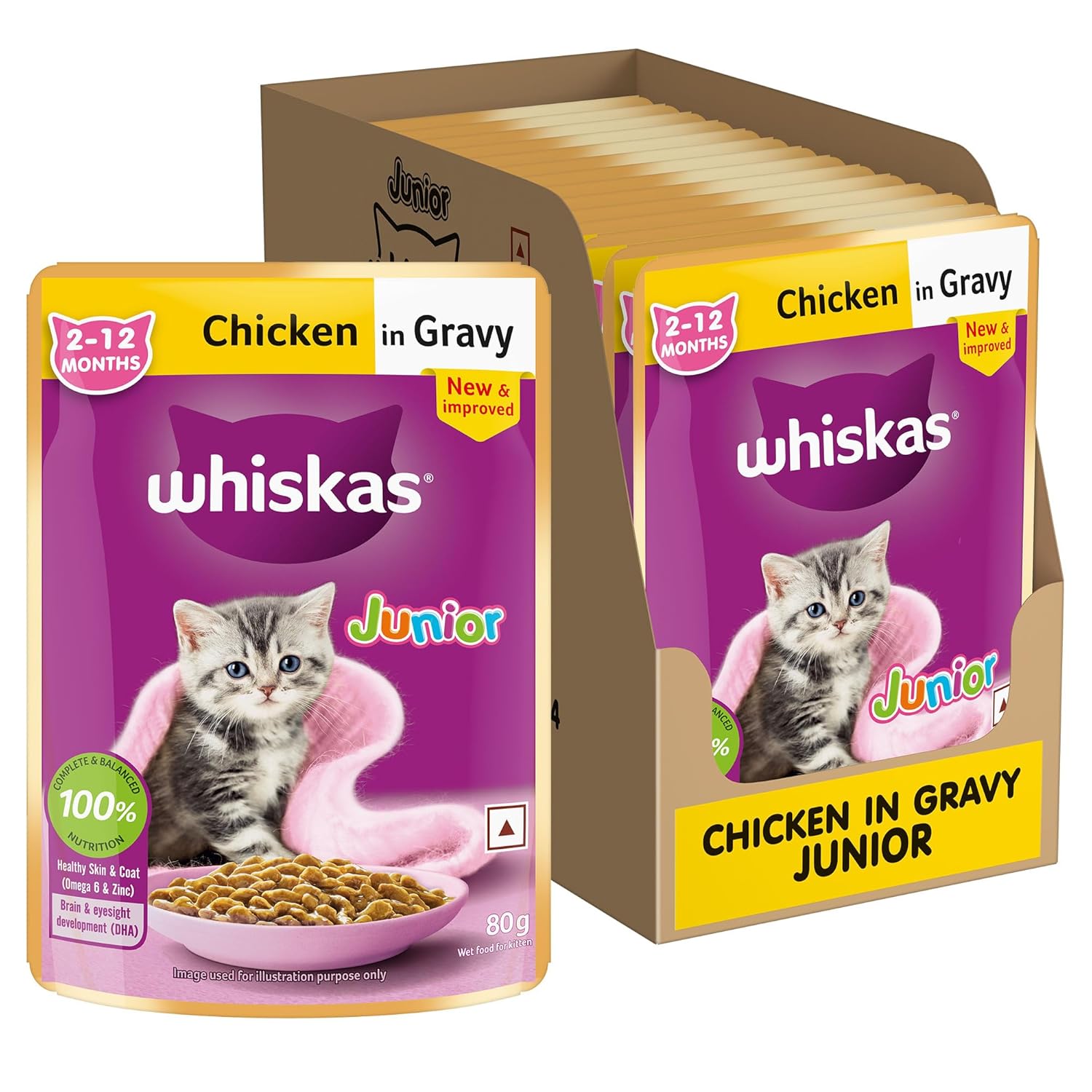 Whiskas Kitten Gravy ( Flavour - Chicken, Seafood Cocktail Carrot & Chicken Tuna Sweet Potato) Pack of 14 - 70g - BURAQ PETS