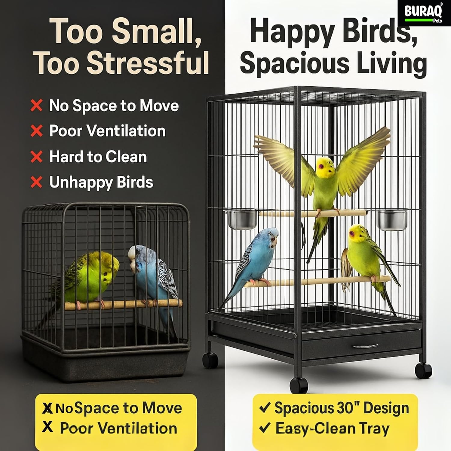 30 Inch Large Bird Cage – With Wheels & Accessories Set - BURAQ PETS