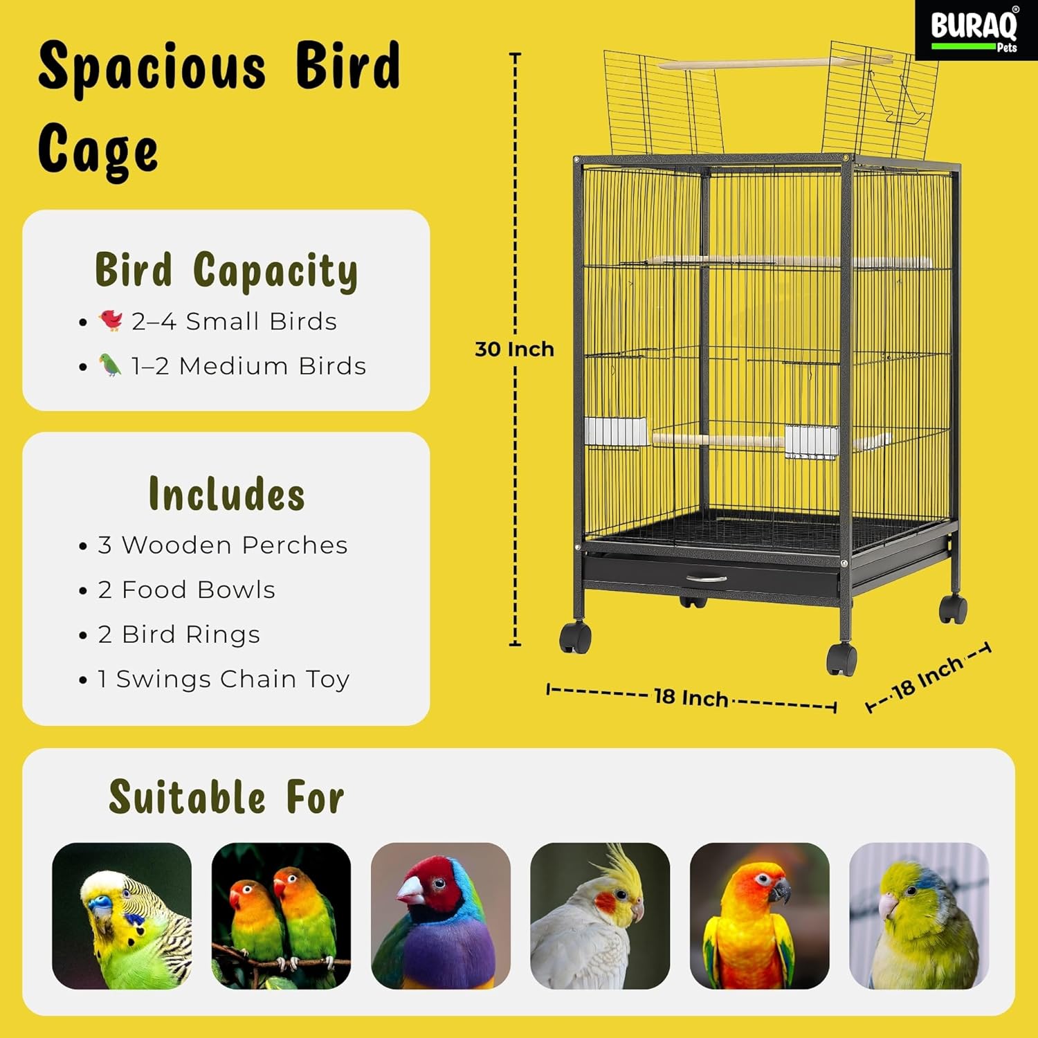 30 Inch Large Bird Cage – With Wheels & Accessories Set - BURAQ PETS