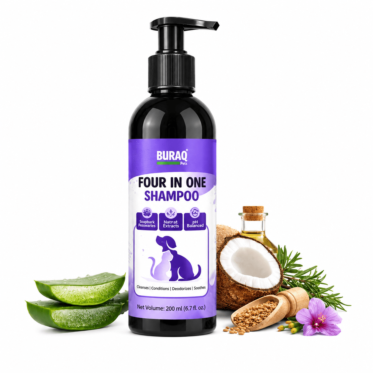 4 - in - 1 Dog Shampoo – Cleanses, Conditions & Deodorizes for Soft Shiny Coat - BURAQ PETS