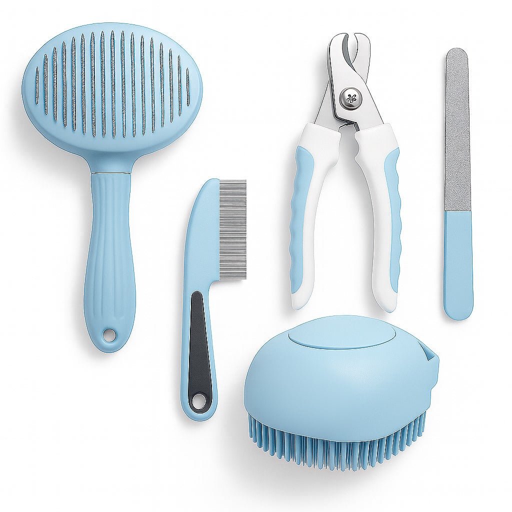 4 in 1 Pet Grooming Kit for Dogs and Cats with Slicker Brush Flea Comb Silicone Bath Brush and Nail Clipper with File - BURAQ PETS