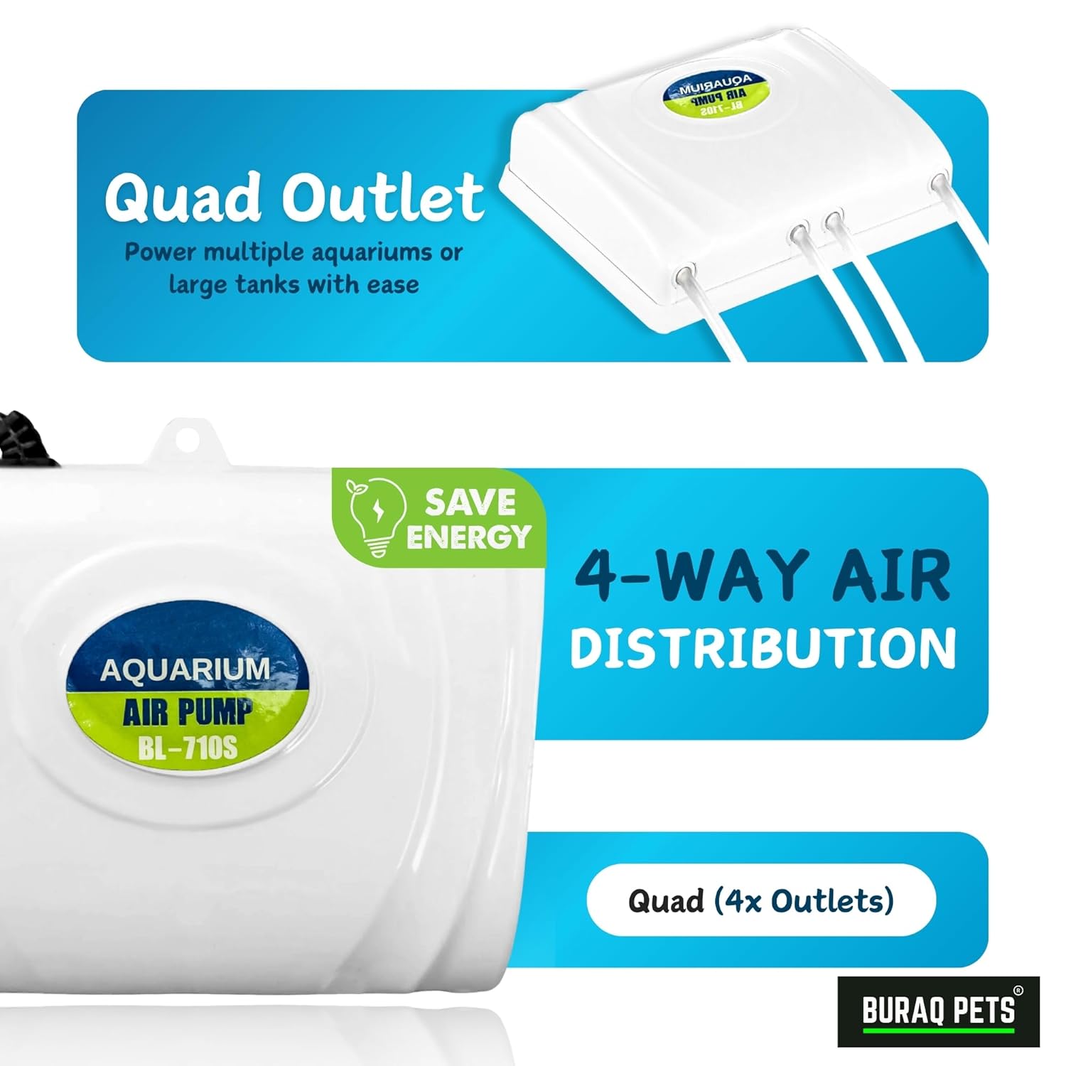 4 - Way Aquarium Air Pump – Improves Water Quality & Circulation - BURAQ PETS