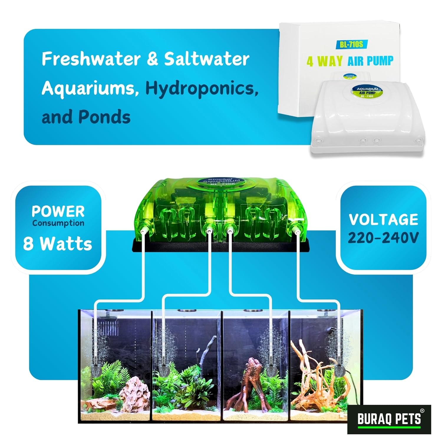 4 - Way Aquarium Air Pump – Improves Water Quality & Circulation - BURAQ PETS