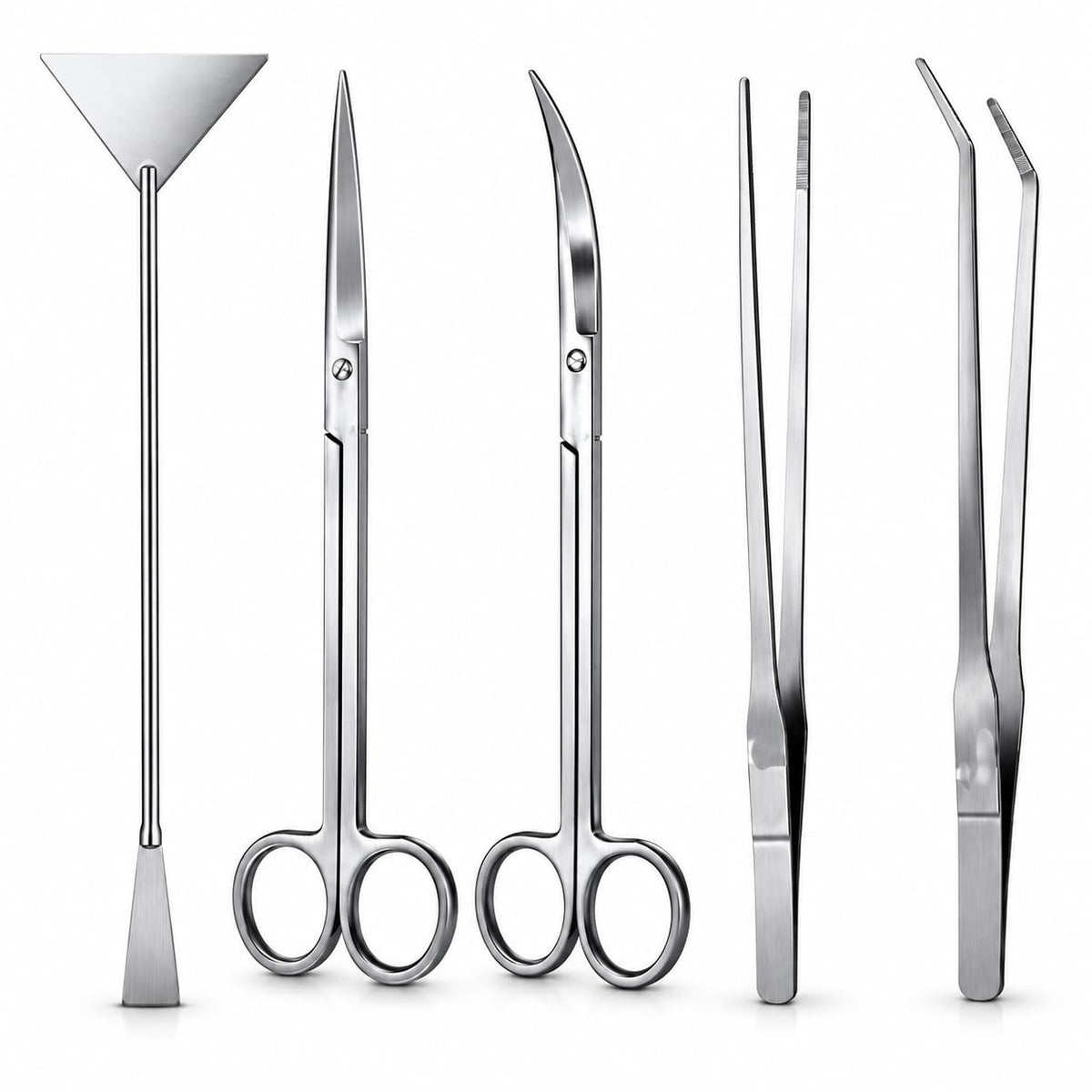 Aquarium Aquascaping Tools Kit 5 in 1, Stainless Steel Plant Scissors, Tweezers & Spatula Set for Trimming, Planting, Substrate Levelling & Fish Tank Maintenance
