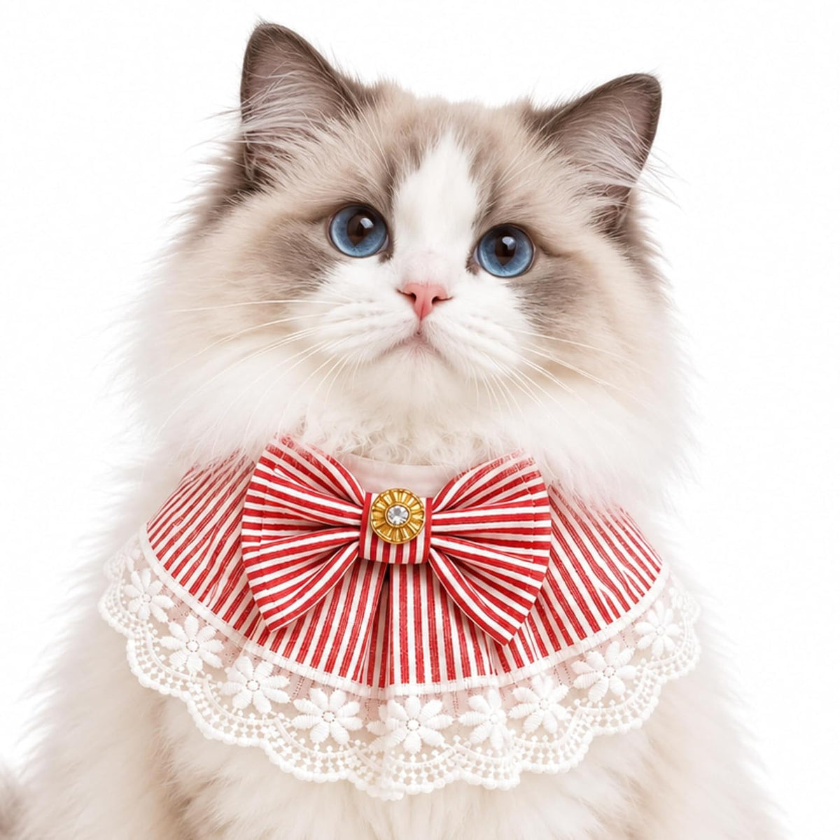 Cat Bandana Collar with Bow, Red & White Striped Cotton, Floral Lace Trim