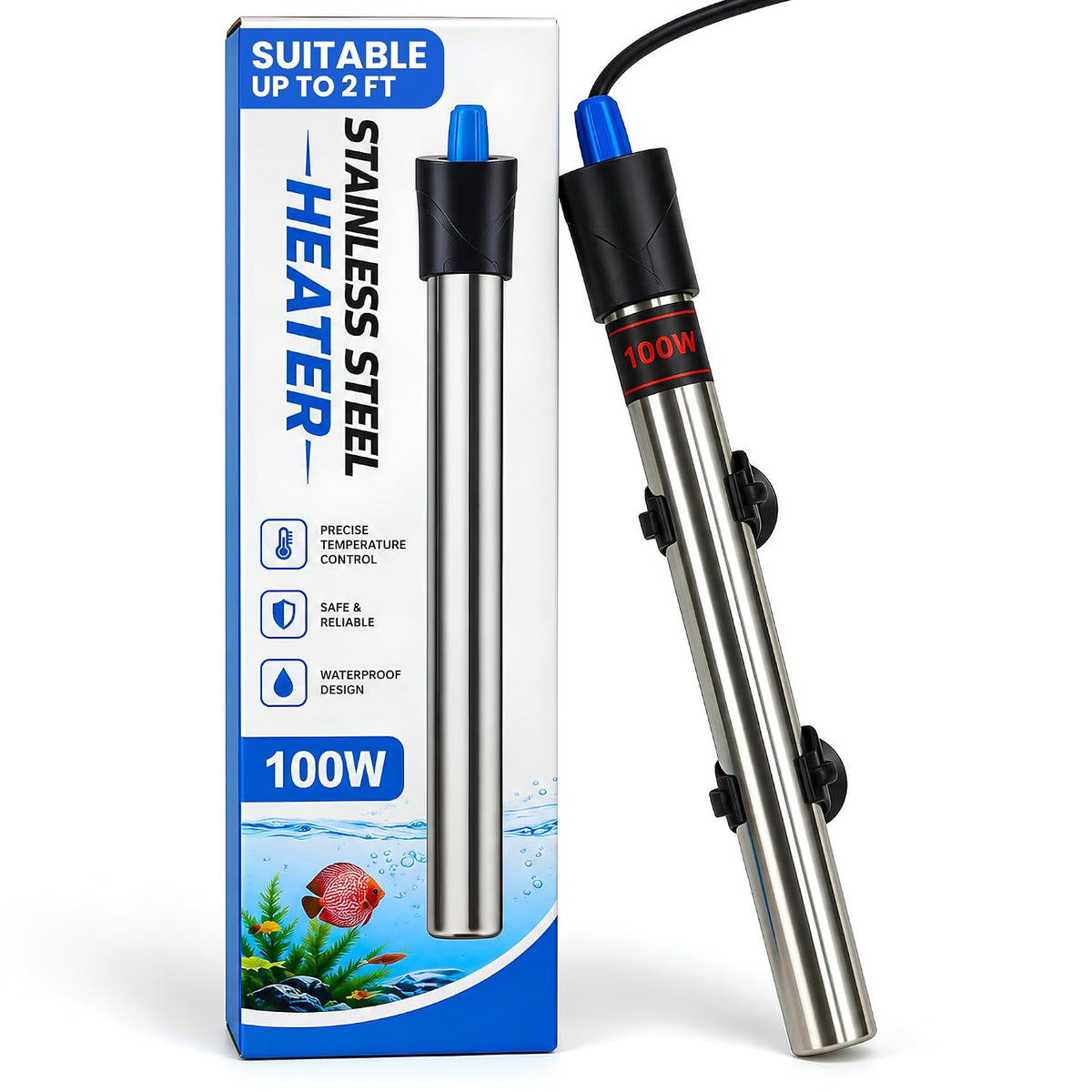 100W Stainless Steel Aquarium Heater for Fish Tank, Adjustable Temperature 18-32°C (Suitable for 2 FT Tank)