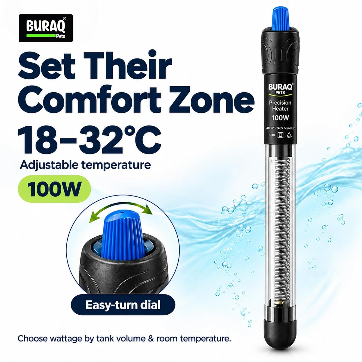 100W Automatic Glass Aquarium Heater for Fish Tank, Adjustable Temperature 18°C–32°C, Submersible Water Heater (Suitable Upto 2 FT Tank)