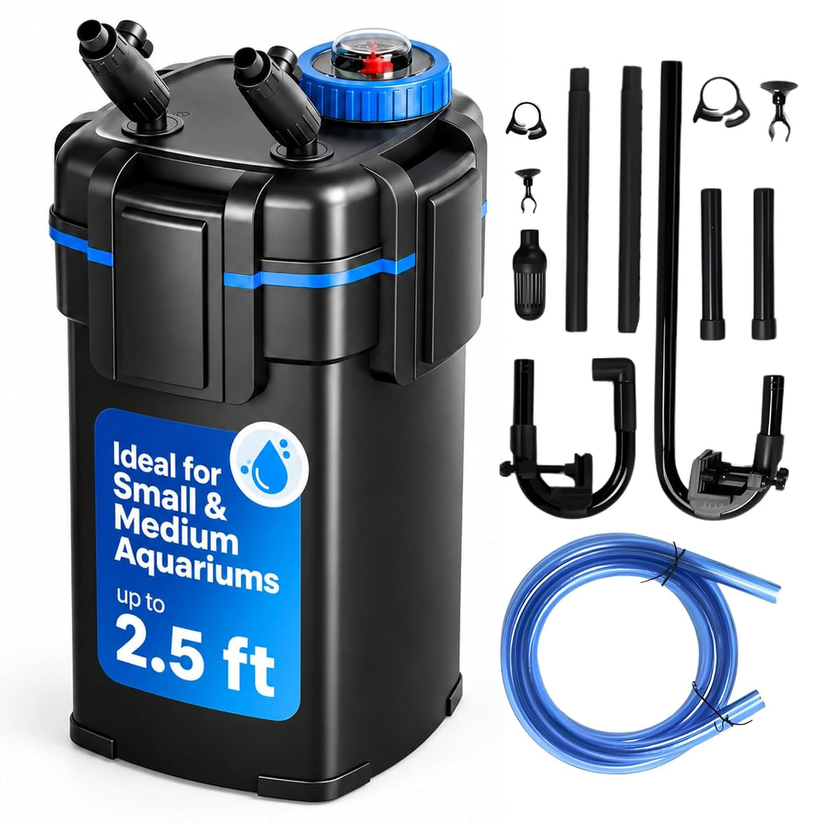 YWY-500 External Canister Filter for Aquarium, 500 L/H Max Flow, 10W, Top Pre-Filter & 3 Media Baskets, Multi-Stage Filtration for Freshwater Fish Tanks