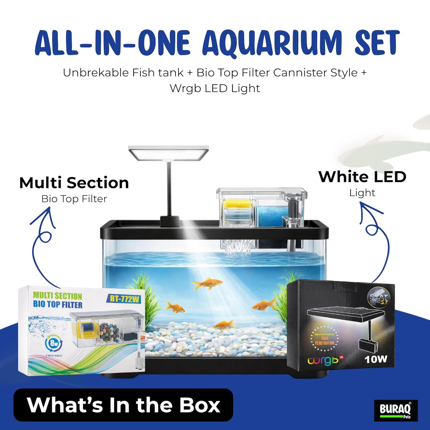 Curved Unbreakable Aquarium Tank with Top Filter & Light