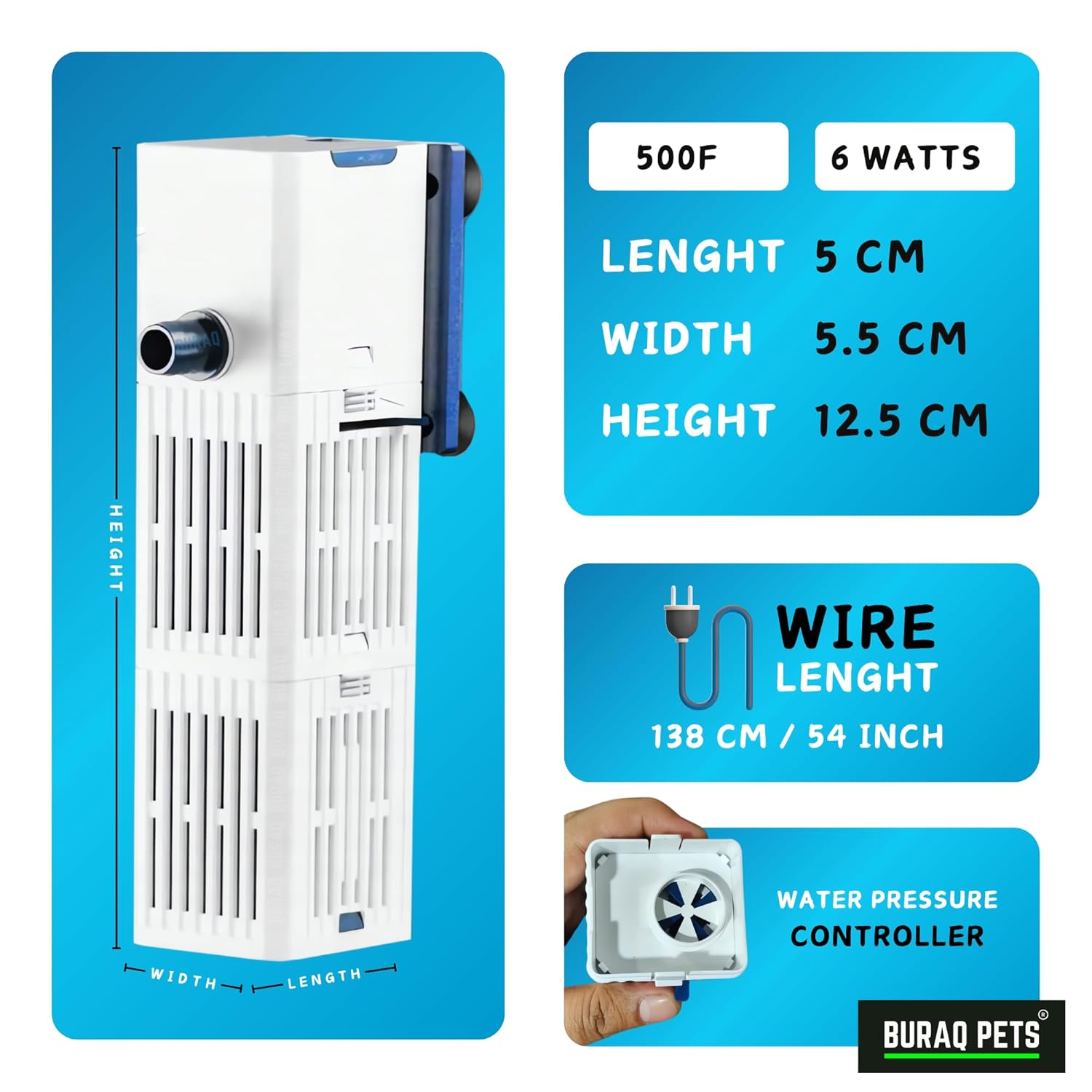 Multi-Function Submersible Adjustable Flow Aquarium Filter YQP 500F L/H – 6W  – Ideal for 1.5 to 2.5 ft Fish Tanks