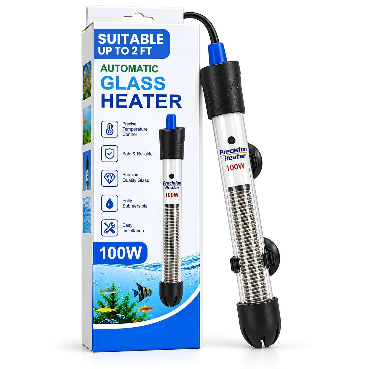 100W Automatic Glass Aquarium Heater for Fish Tank, Adjustable Temperature 18°C–32°C, Submersible Water Heater (Suitable Upto 2 FT Tank)