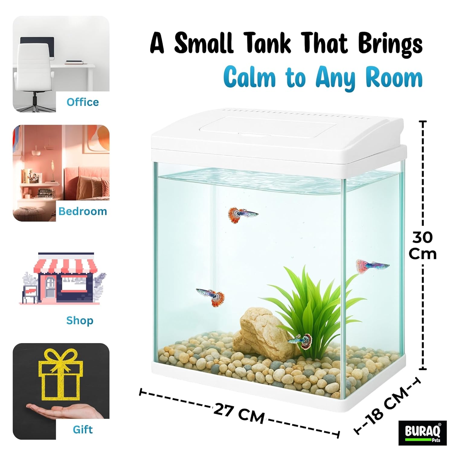 Mini 12L Aquarium Fish Tank – Moulded Design with Filter, LED Light & Lid