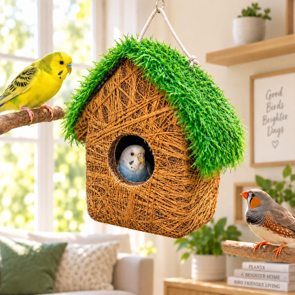 Hanging Bird Nest House for Small Birds, Woven Bird Shelter with Green Grass Roof for Cage & Aviary