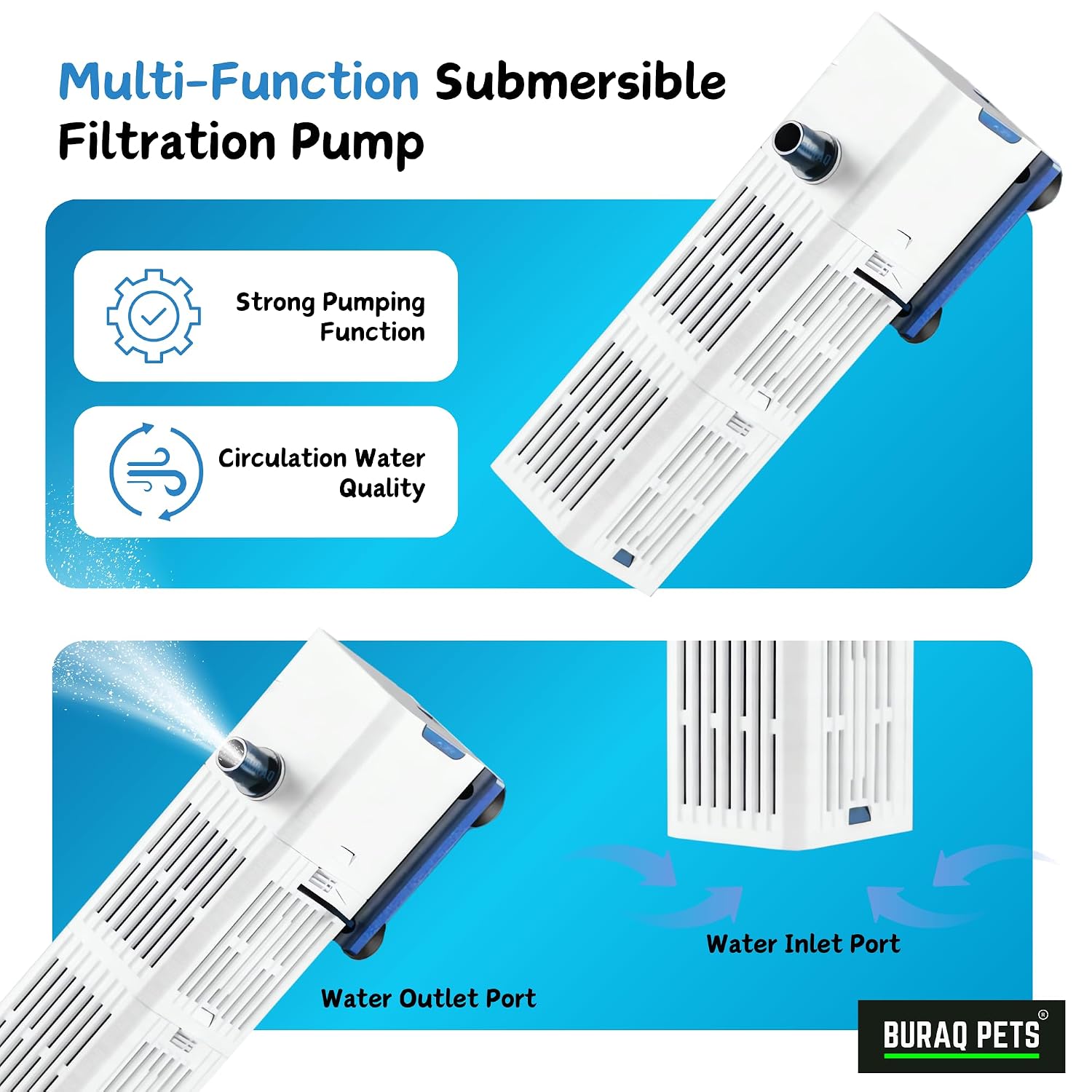 Multi-Function Submersible Adjustable Flow Aquarium Filter YQP 500F L/H – 6W  – Ideal for 1.5 to 2.5 ft Fish Tanks