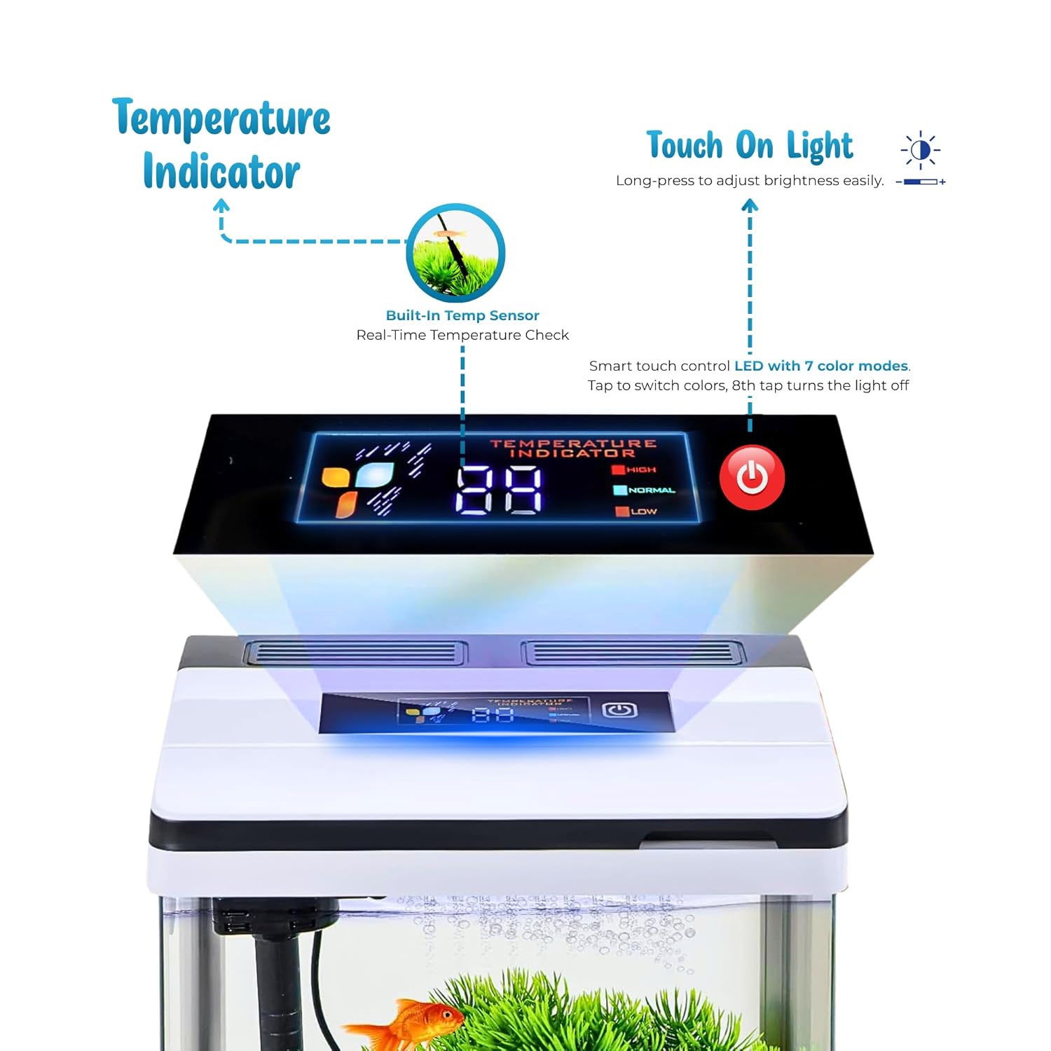 Mini Digital Aquarium Fish Tank 9L – Smart Touch LED, 7 Color Lights, Temp Display