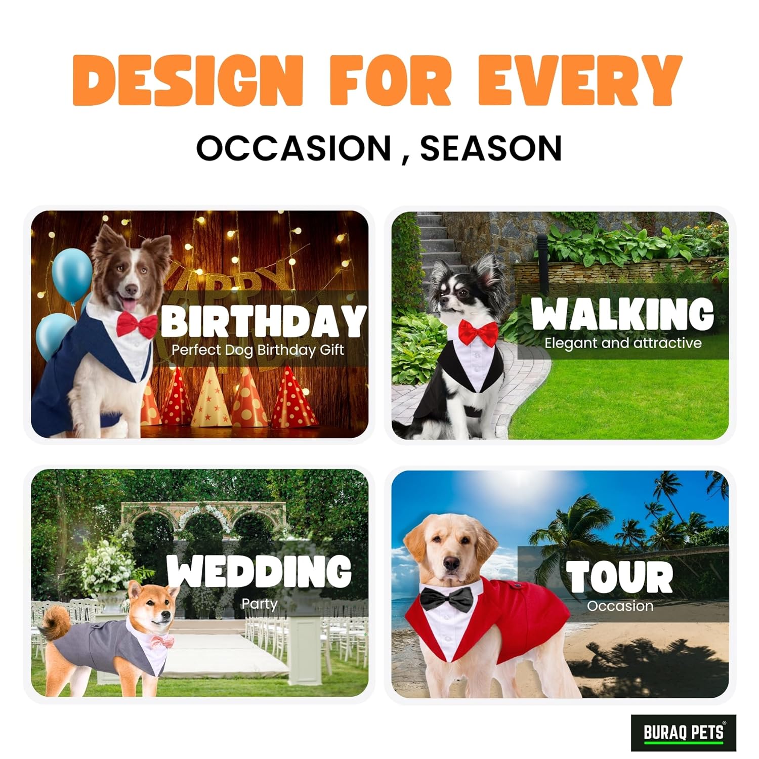 Buraq Pets Dog Tuxedo Dress Suit Bandana Set, Bow tie, Wedding Party Suit, for Small Medium Large, Male and Female Dogs Golden Retriever, Labrador, shitzu, Pug (S - Grey)