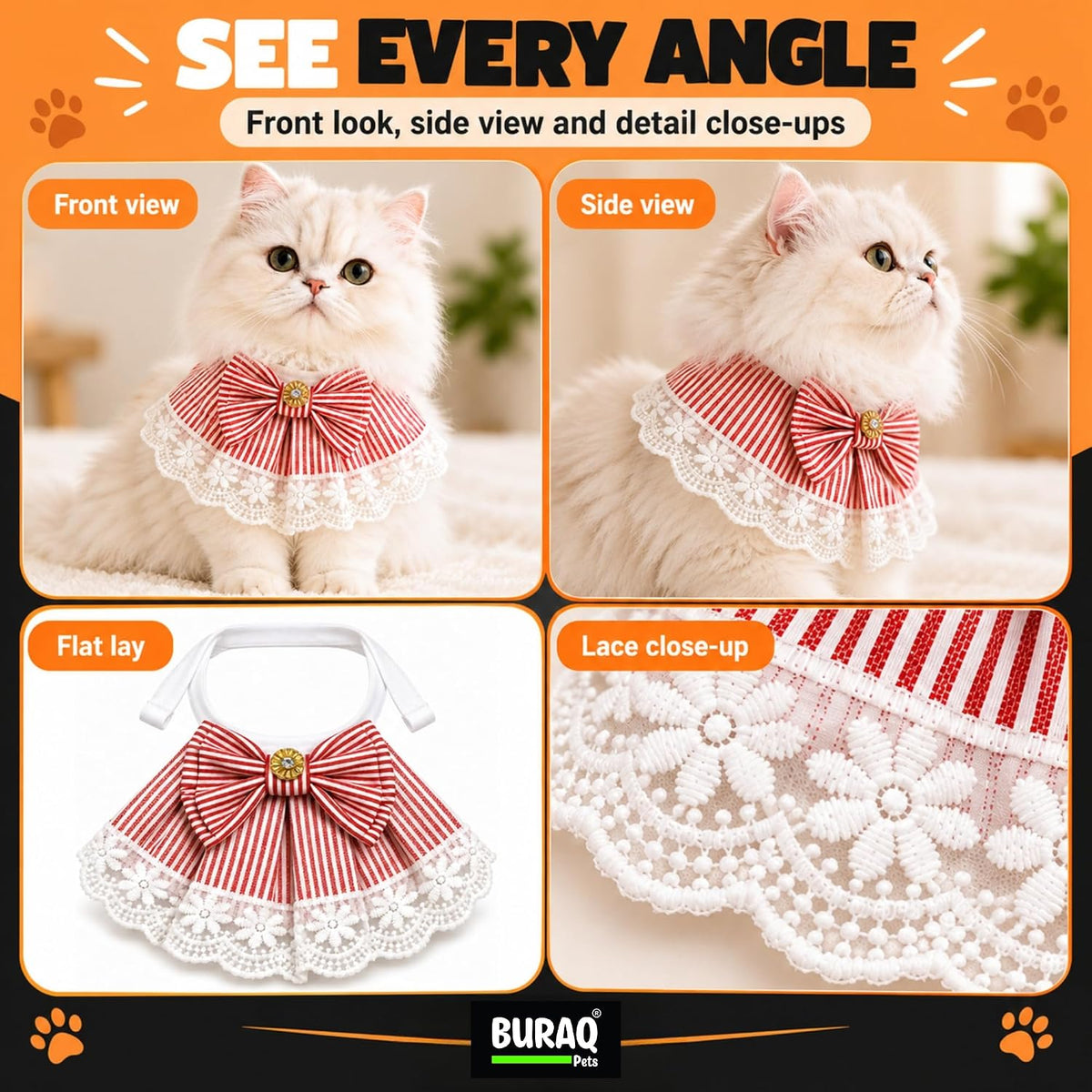 Cat Bandana Collar with Bow, Red & White Striped Cotton, Floral Lace Trim