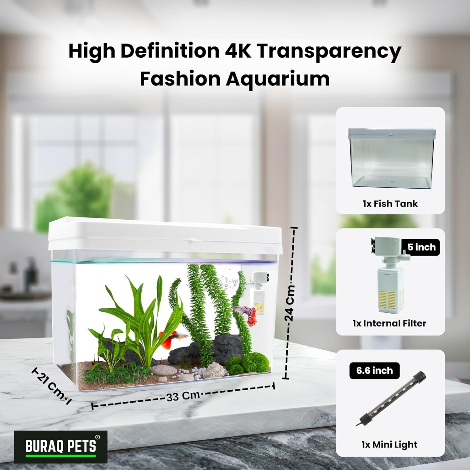 Mini Fish Tank – 4K Transparent Aquarium with Filter & LED Light (33" L x 21" W x 24" H Cm)