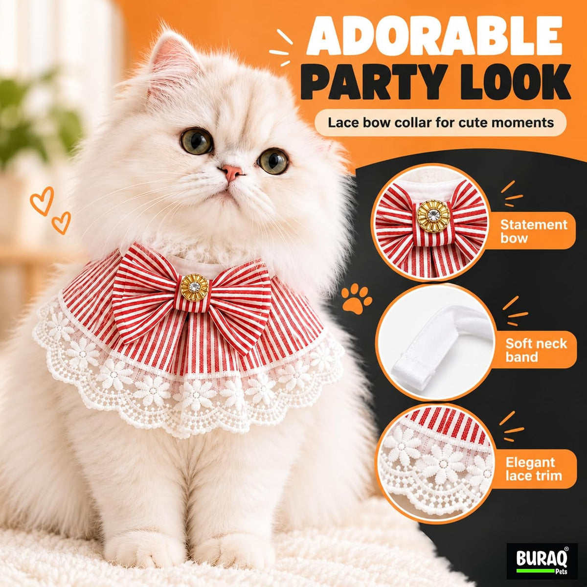Cat Bandana Collar with Bow, Red & White Striped Cotton, Floral Lace Trim